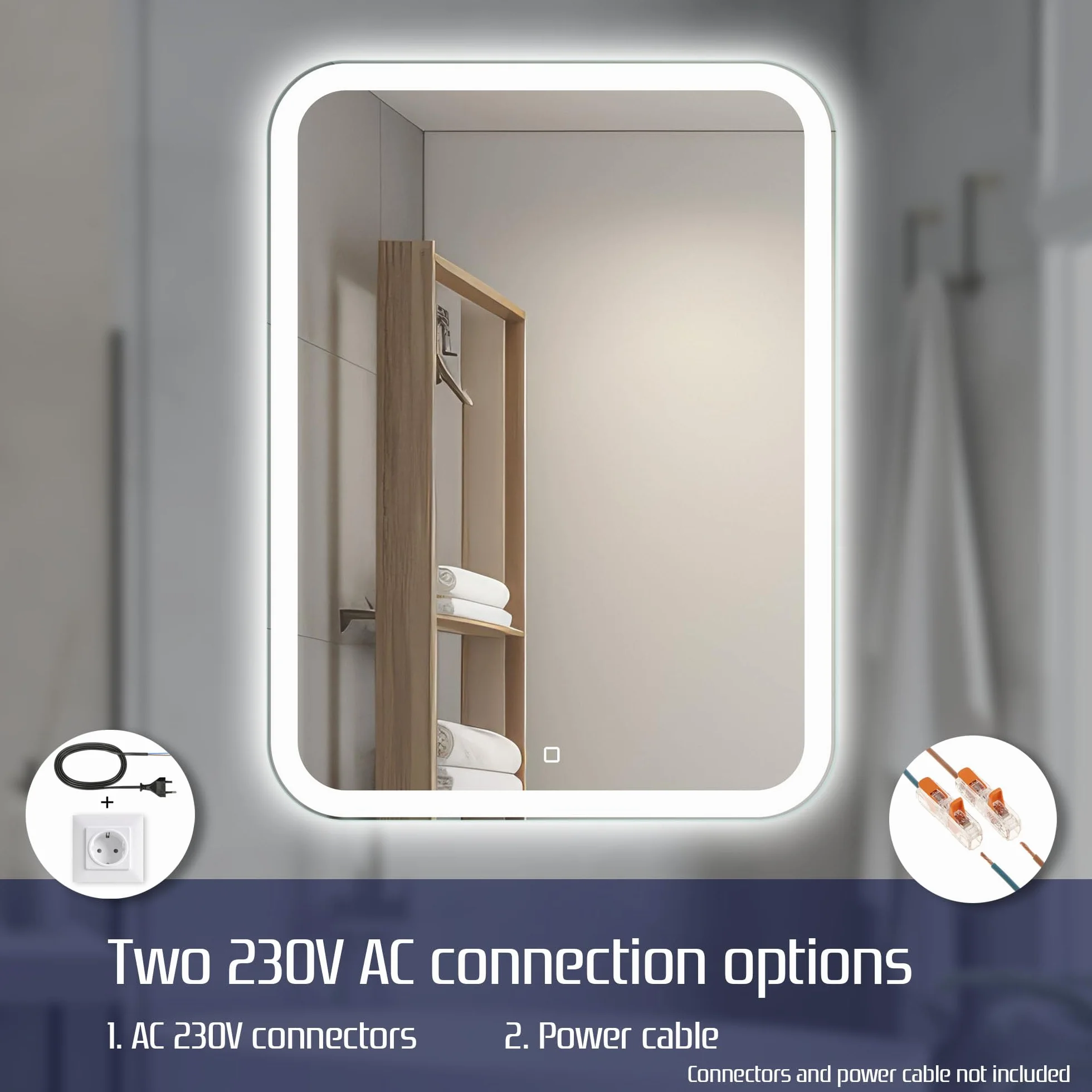 50x70 cm Prostokątne lustro łazienkowe z oświetleniem LED, Podświetlone lustro z włącznikiem, Zaokrąglone prostokątne lustro łazienkowe z naturalnym białym światłem, Podświetlane z przodu