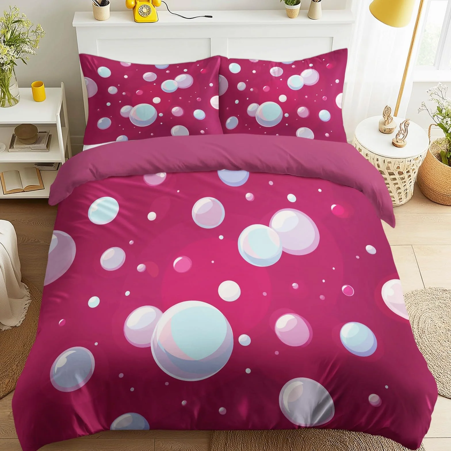 3-częściowy zestaw pościeli z motywem bąbelków, żywy, geometryczny, w kropki, 200 x 200 cm, poszewka na kołdrę z mikrofibry, poszewka na kołdrę z 2 poszewkami na poduszkę 80 x 80 cm, kolor czerwony