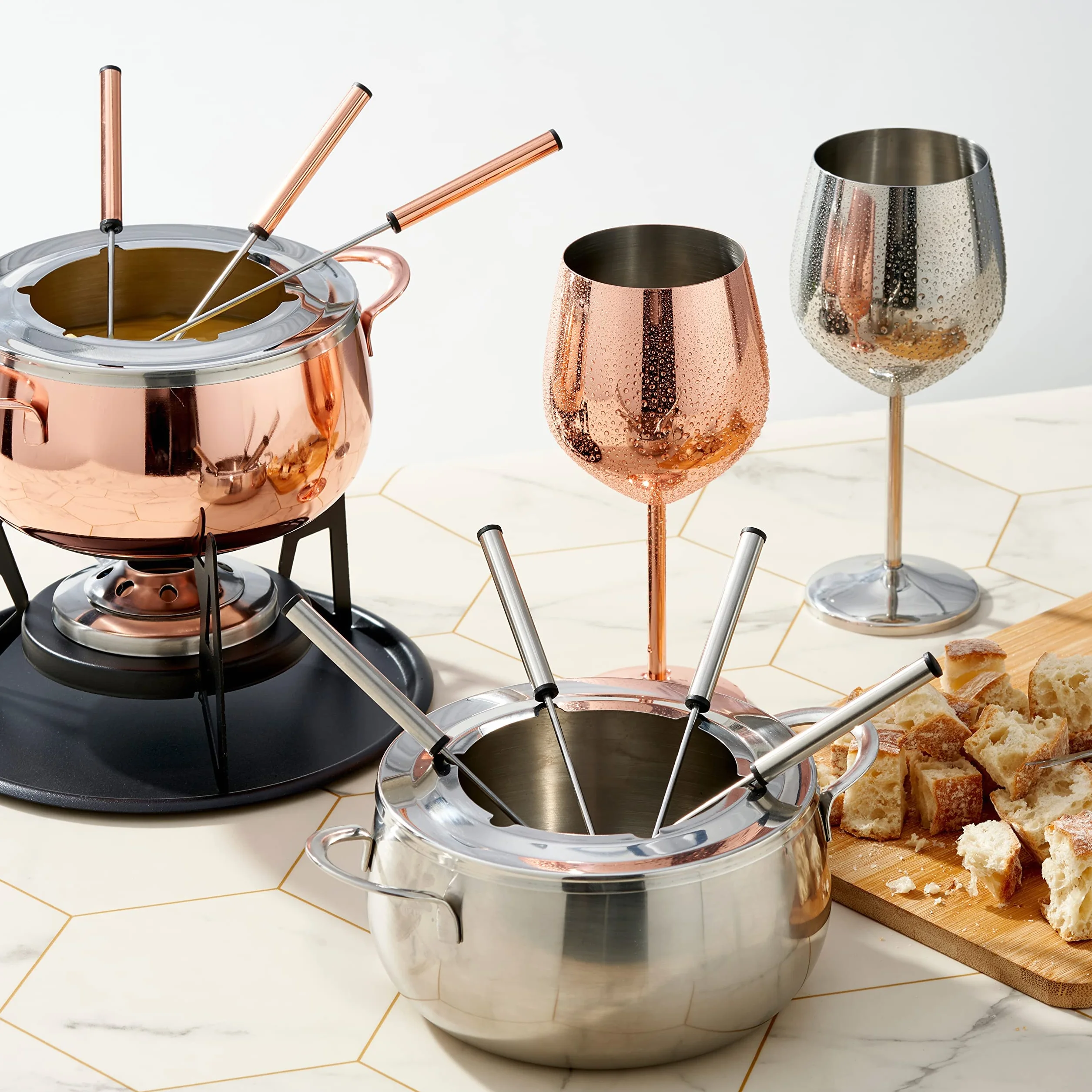 Dąb & Steel - 10 sztuk zestaw do fondue ze stali nierdzewnej, różowe złoto/miedź z pudełkiem prezentowym - czekoladki, Burgundia, ser, Savoyarda i mięso - prezent świąteczny