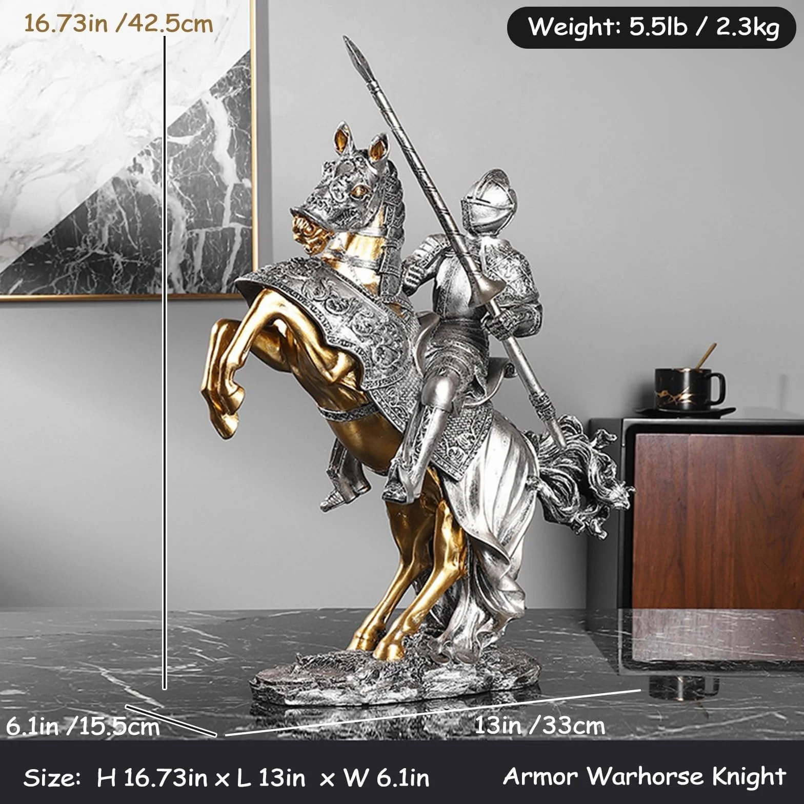 dekoracja biurka rycerz brązowy koń wojenny statuetka wojownika figurka 42 cm kolekcja legendarna średniowieczna rzeźba rycerza, szermierz strażnik wojownik, figurka artystyczna kolekcja prezentów dla