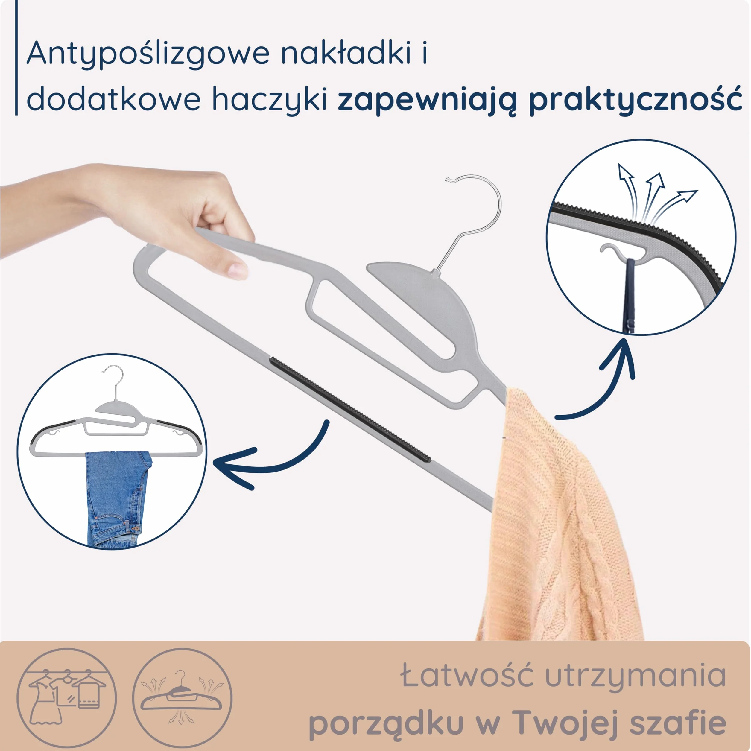 4CONVY Wieszak na ubrania, kurtki, spodnie – wieszak na garnitury z tworzywa sztucznego do szafy z antypoślizgowymi nakładkami – nie zajmuje dużo miejsca, 20 sztuk, kolor szary