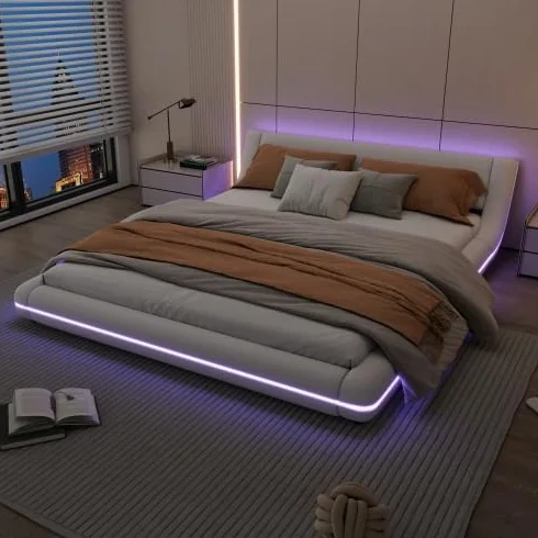 vutizal Łóżko podłogowe 160 x 200 cm z oświetleniem RGB LED sterowanym za pomocą aplikacji, nowoczesne płaskie łóżko z pilotem zdalnego sterowania i oświetleniem otoczenia | w kolorze białym, łącznie