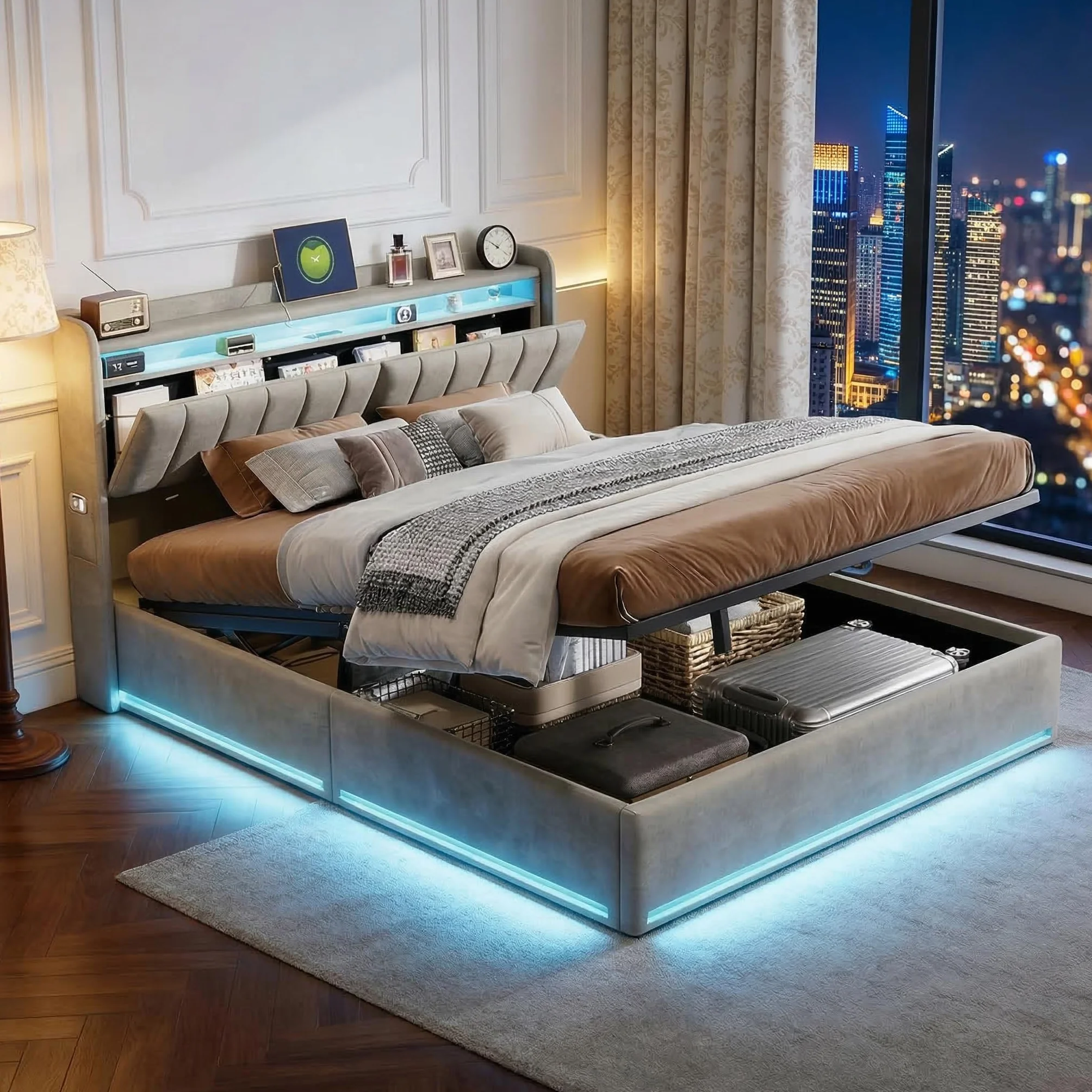 Łóżko 160x200 z pojemnikiem i oświetleniem LED,łóżko podwójne z tapicerowanym zagłówkiem,łóżko podwójne z listwowym stelażem dla dorosłych i nastolatków,hydraulicznie tapicerowana rama łóżka