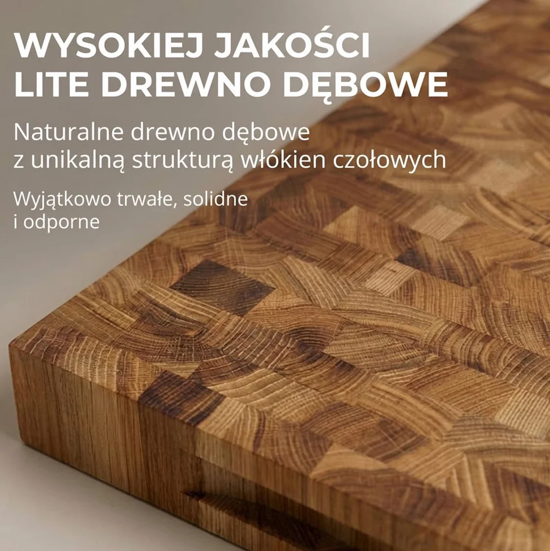 Deska do krojenia dębowa sztorcowa (end grain) – gruba deska kuchenna z litego drewna – do mięsa, warzyw i chleba – profesjonalna, trwała i bezpieczna dla noży