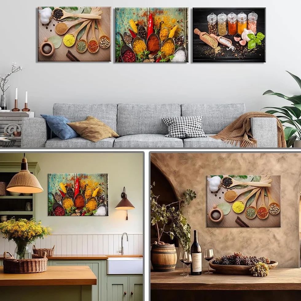 Piy Painting Zestaw 3 Obrazów Na Płótnie, Obrazy Dekoracyjne Na Płótnie, Motyw Przyprawy I Lyżki, Druk Artystyczny Na Płótnie, Sztuka ścienna Do Dekoracji Kuchni, 58x40 cm / 174x40 cm