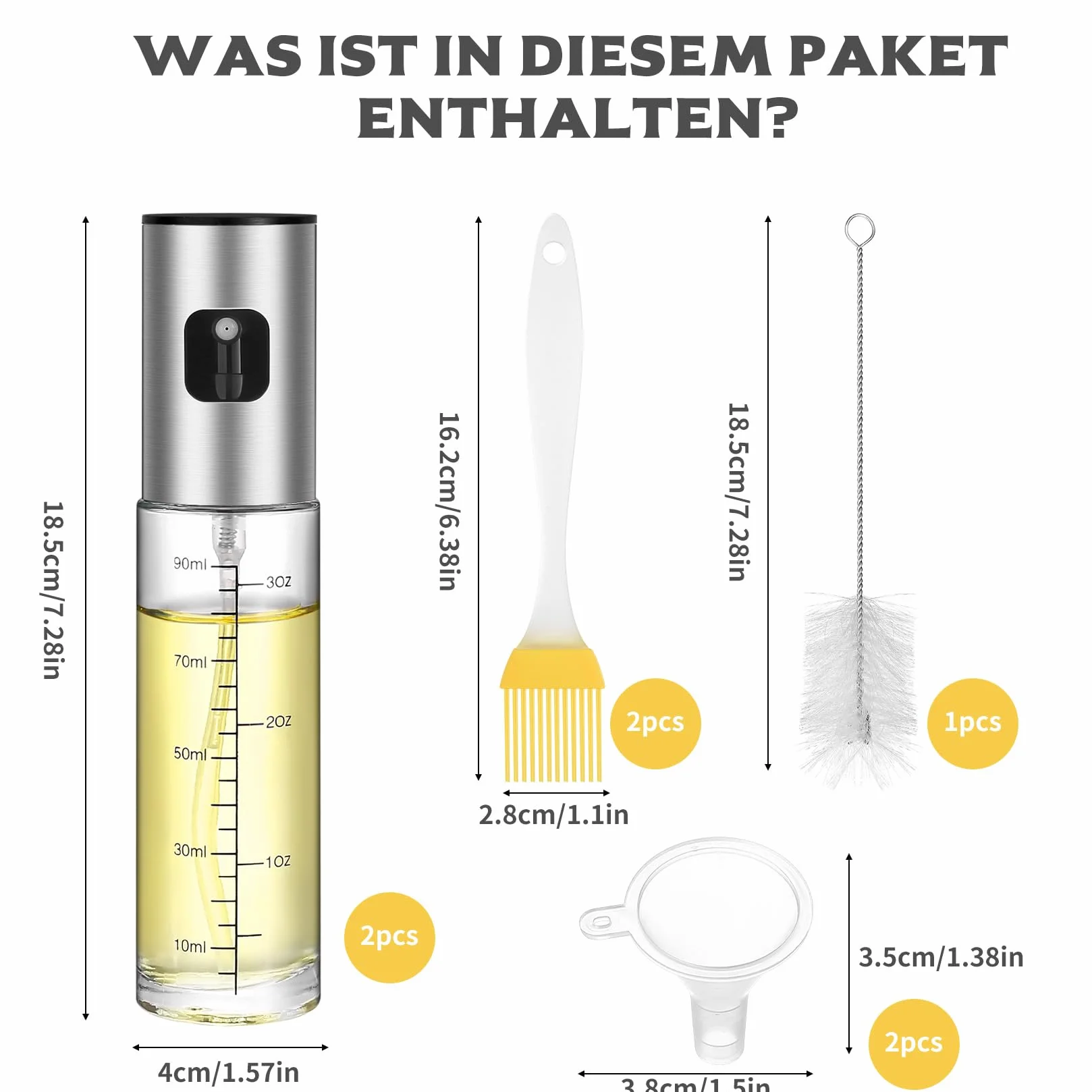 2 x butelka z rozpylaczem do oliwy gotówkowej, 100 ml, szklany spryskiwacz frytkownicy, dozownik butelek do octu, z 2 lejkami