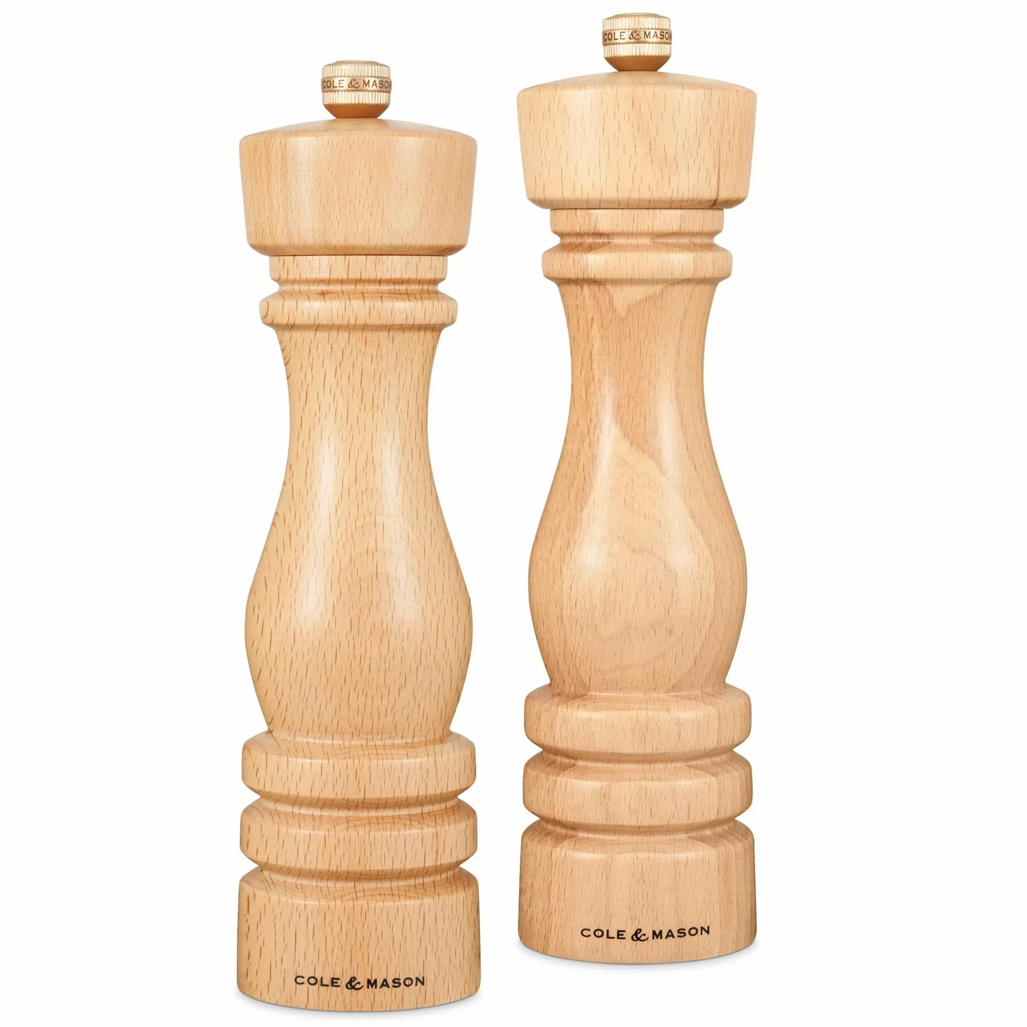 Cole & Mason London Zestaw młynków do soli i pieprzu z naturalnego buku, 220 mm, precyzyjne mechanizmy węglowe/ceramiczne, młynki do soli i pieprzu z regulowanym mieleniem, drewno bukowe, zestaw