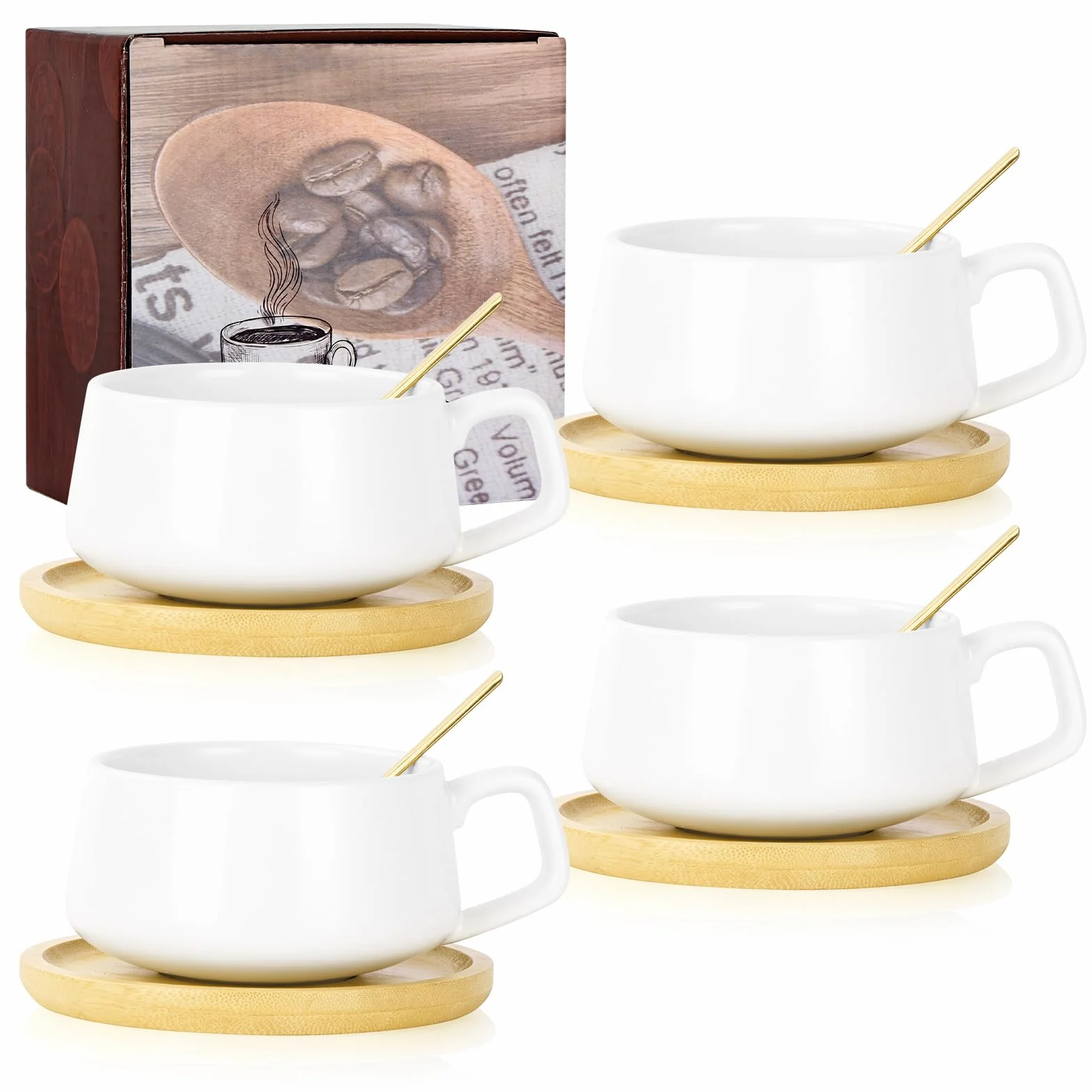 Zestaw filiżanek i spodków do cappuccino, 4 szt. porcelanowych filiżanek do kawy espresso ze spodkiem i łyżeczką, szerokie filiżanki do cappuccino 320 ml, zestaw ceramicznych filiżanek do