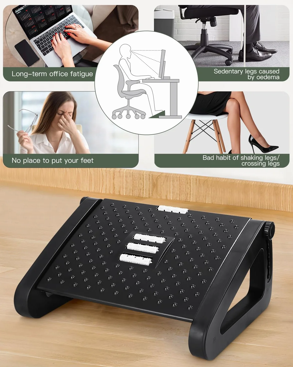 Regulowany podnóżek,Ergonomiczny podnóżek z 6 Regulowaną wysokością i kątem, antypoślizgowy stołek do domu, biura i podróży, użyteczny pod biurkiem
