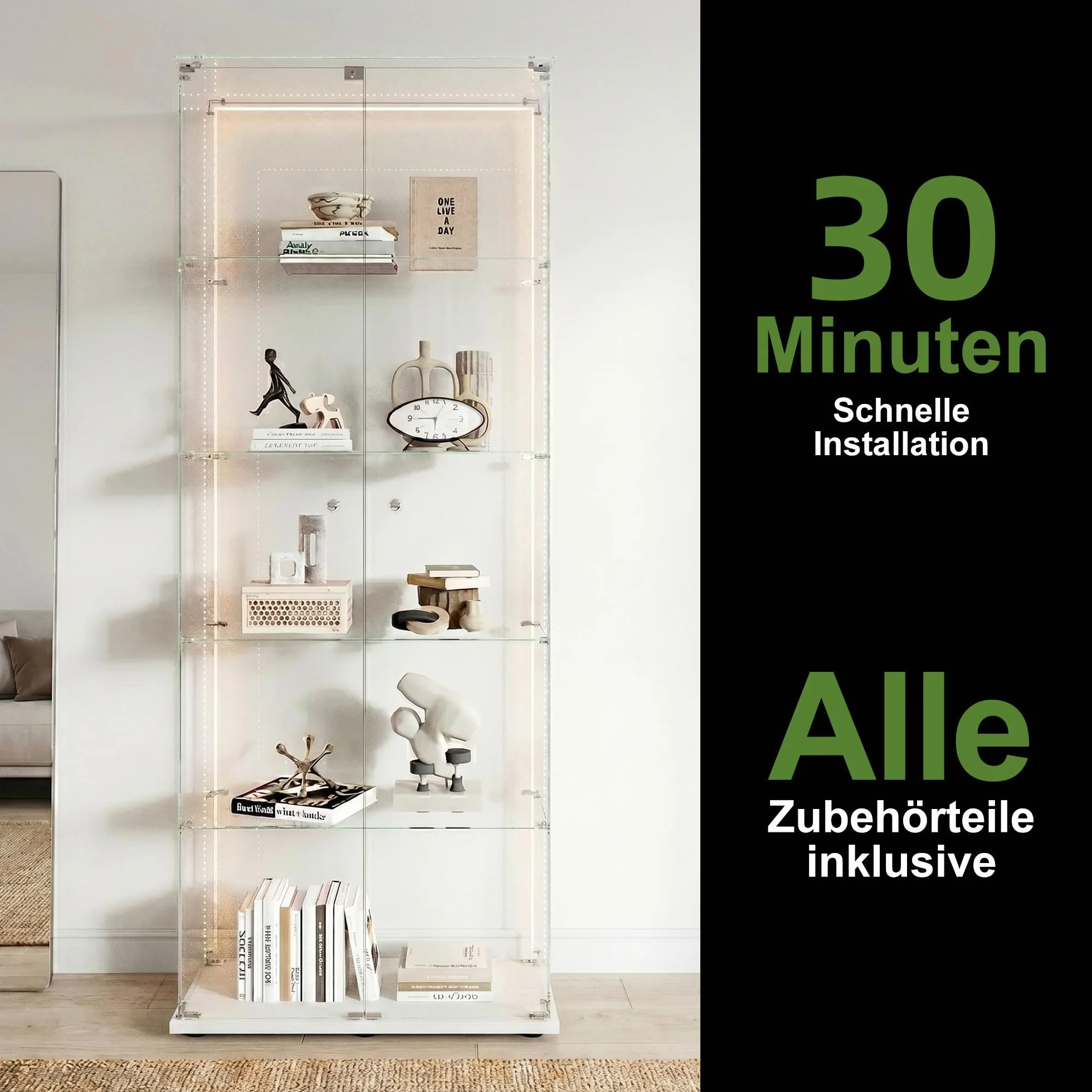Szklana witryna stojąca, czarna, z oświetleniem LED, 5-poziomowa 186,5 x 34,5 x 78,5 cm, bezramowa, pełna widoczność, szklane półki z regulacją wysokości, szafka z witryną do salonu, biura,biały B