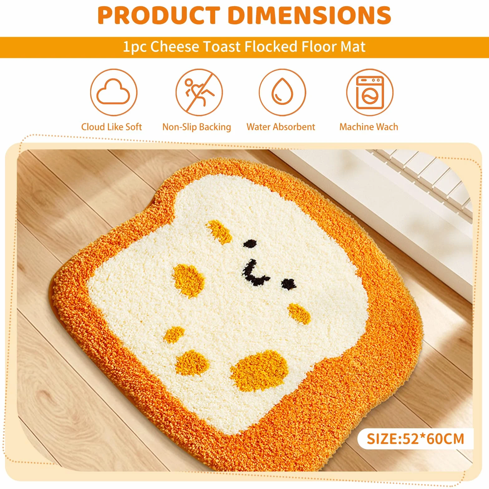 Käse Toast Design antypoślizgowa mata do kąpieli zmywalna z miękkiej mikrofibry, chłonna wycieraczka do wanny z prysznicem łazienka szybkoschnąca 52 x 60 cm
