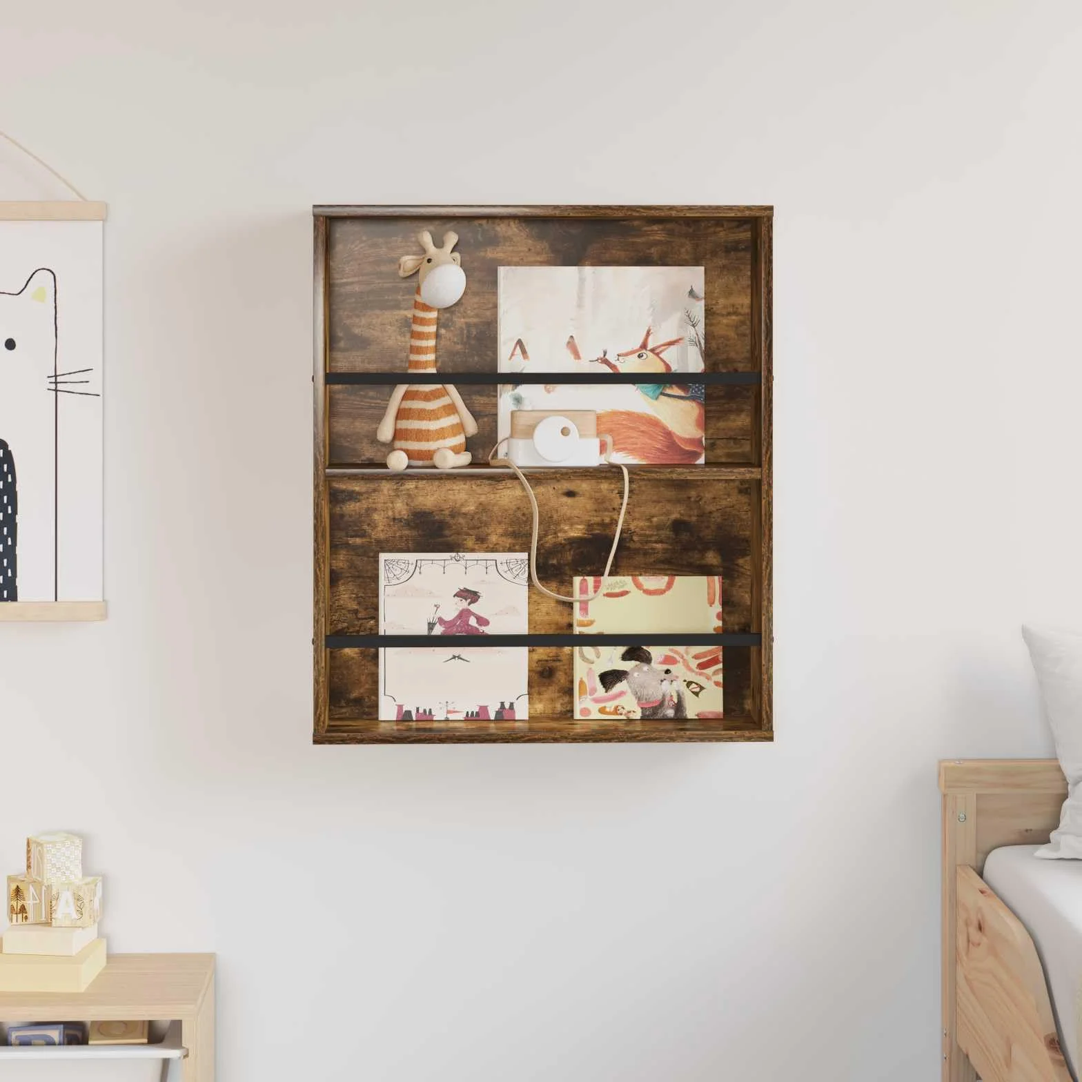 Nowoczesny stojak na czasopisma ścienny z drewna inżynieryjnego wędzonego dębu, 60 x 12 x 70 cm, regał na czasopisma z regulowanymi półkami do salonu lub biura, stylowy organizer ścienny i zysk