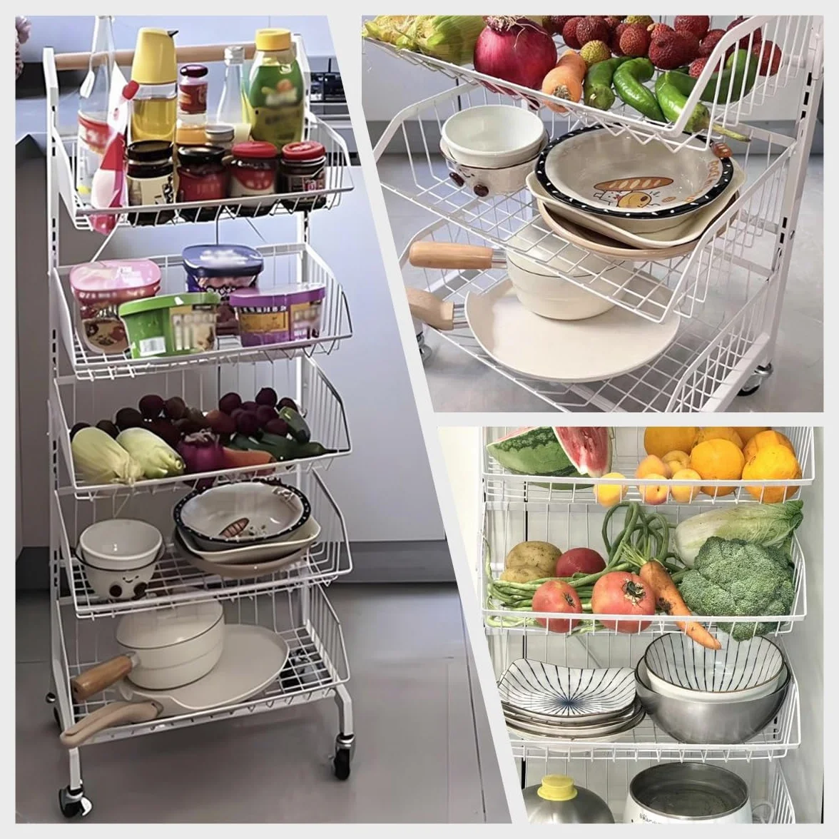 Display Rack,4-Tier Rolling Storage Cart With Wheels,Adjustable Metal Fruit & Vegetable Basket Organizer With Wood Handle,Mesh Wire Utility Rack For Kitchen,Food Sto(Black,5 Tier)