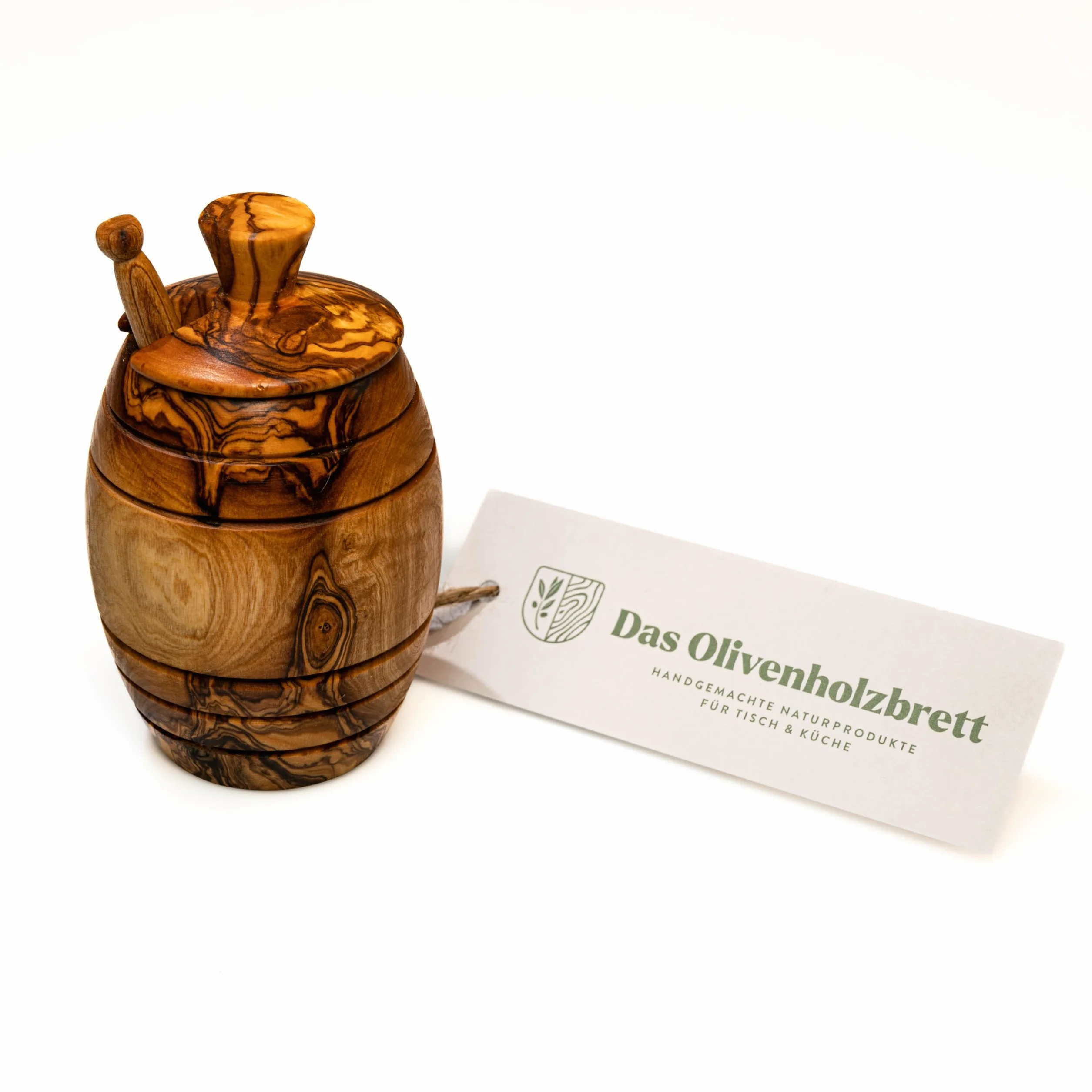 das Olivenholzbrett® Garnek do miodu z pokrywką + łyżka do miodu z drewna oliwkowego (KH039)