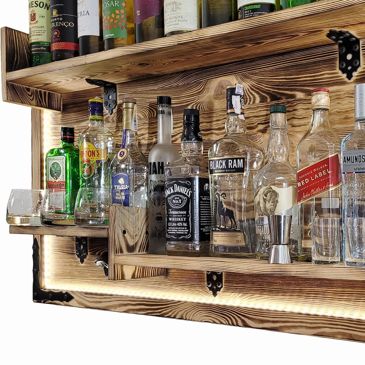 weeco Regał wiszący na ścianie, oświetlenie LED, rustic alkoholowy stojak, regał ścienny, stojak na whisky