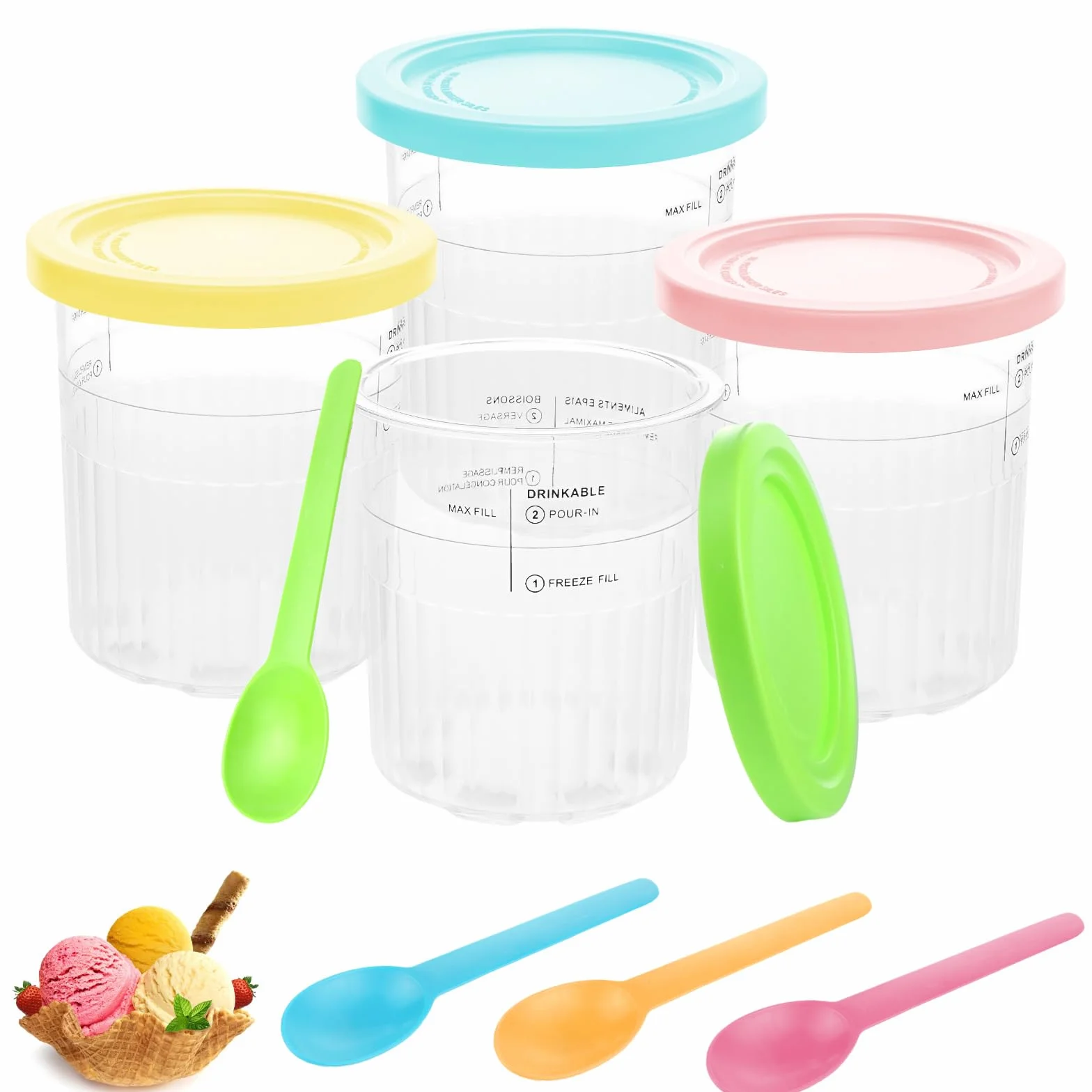 Nepfaivy Pojemniki do Ninja Creami Deluxe - 4 kubki do lodów i pokrywki, kompatybilne z maszynami do lodów Ninja Creamy Deluxe NC500 NC501, nie zawierają BPA, nadają się do mycia w zmywarce