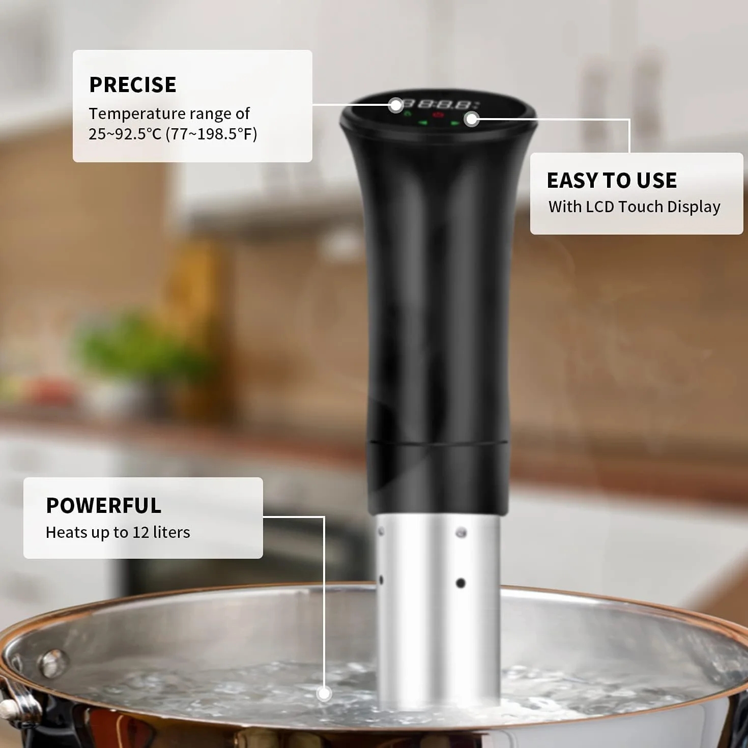 Sous vide Sous-vide Garer, precyzyjny garnek do gotowania, cyrkulator zanurzenia, wydajna, cicha cyrkulacja wody, niski poziom oleju i niskotłuszczowy, zdrowe odżywianie, czarny (wielokrotnego użytku)
