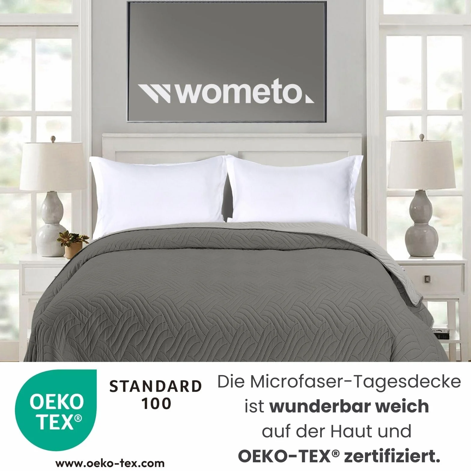 Wometo OekoTex Narzuta 220 x 240 cm Poszewka z Mikrofibry Szara Watowana Pikowana Dwustronna XXL