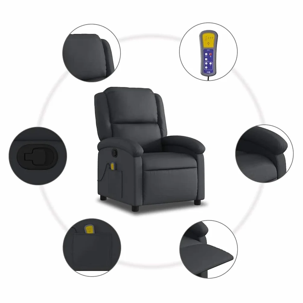 Fotel do masażu, czarny, prawdziwa skóra z 6-punktowym masażem wibracyjnym, ręczna funkcja leżenia, drewniana rama metalowa, regulowana, ergonomiczna, wygodna, do salonu, kącika do czytania
