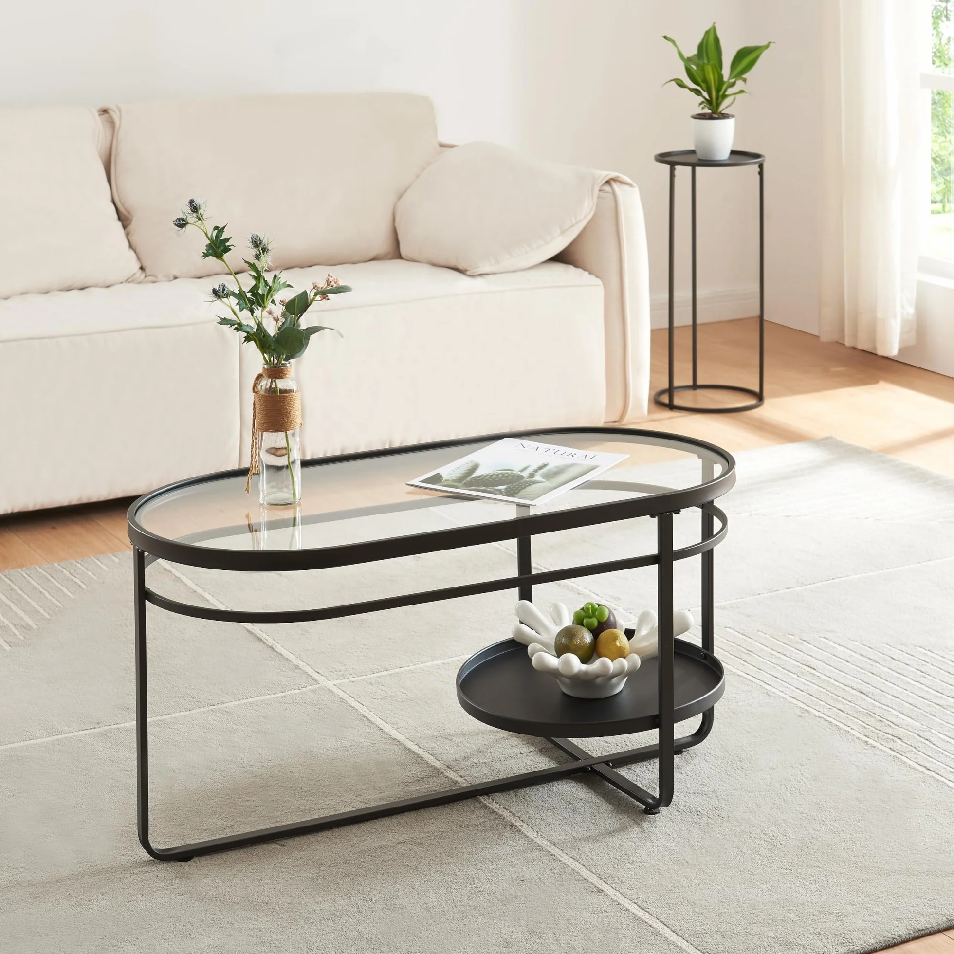 [en.casa] Stolik kawowy Kumla Stół do salonu z dolną półką Stół do sofy owalny Szklany blat czarny Stolik kawowy 90 x 42,5 x 46 cm Metalowa rama