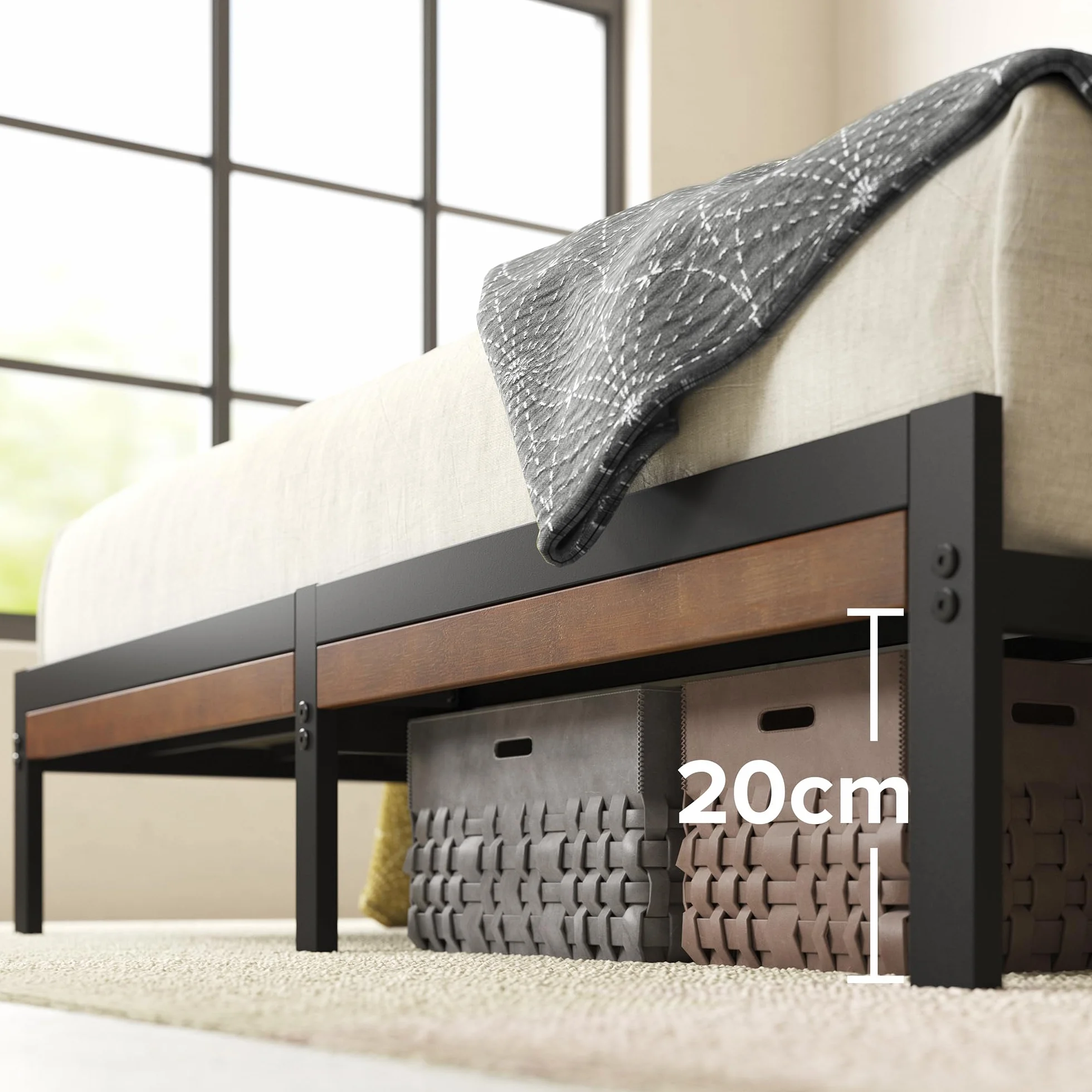 Zinus Kai Łóżko 160 x 200 cm – wysokość 23 cm, łóżko king-size – metalowa rama łóżka bambusowego (brązowo-czarna)