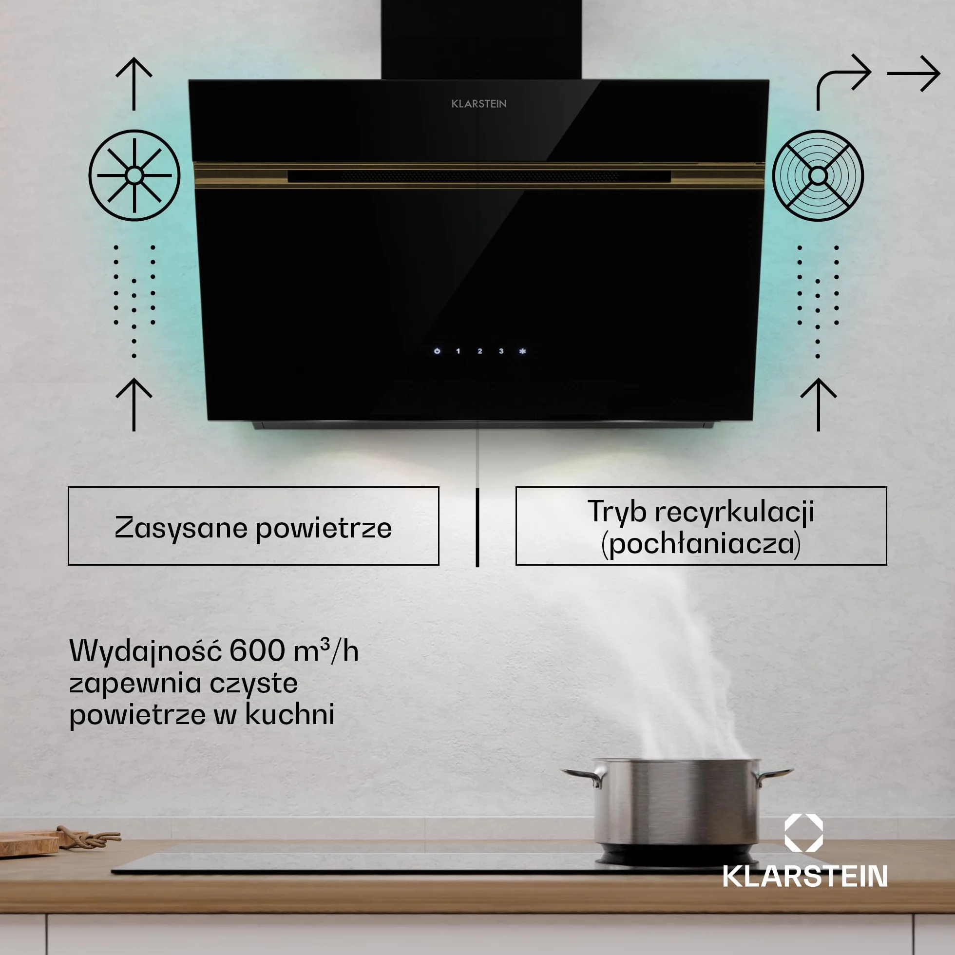 Klarstein Alina Okap kuchenny przyścienny – 60 cm, przepływ 600 m³/h, sterowanie dotykowe, klasa energetyczna A, oświetlenie LED w 9 kolorach, cichy 52 dB, czarno-złoty