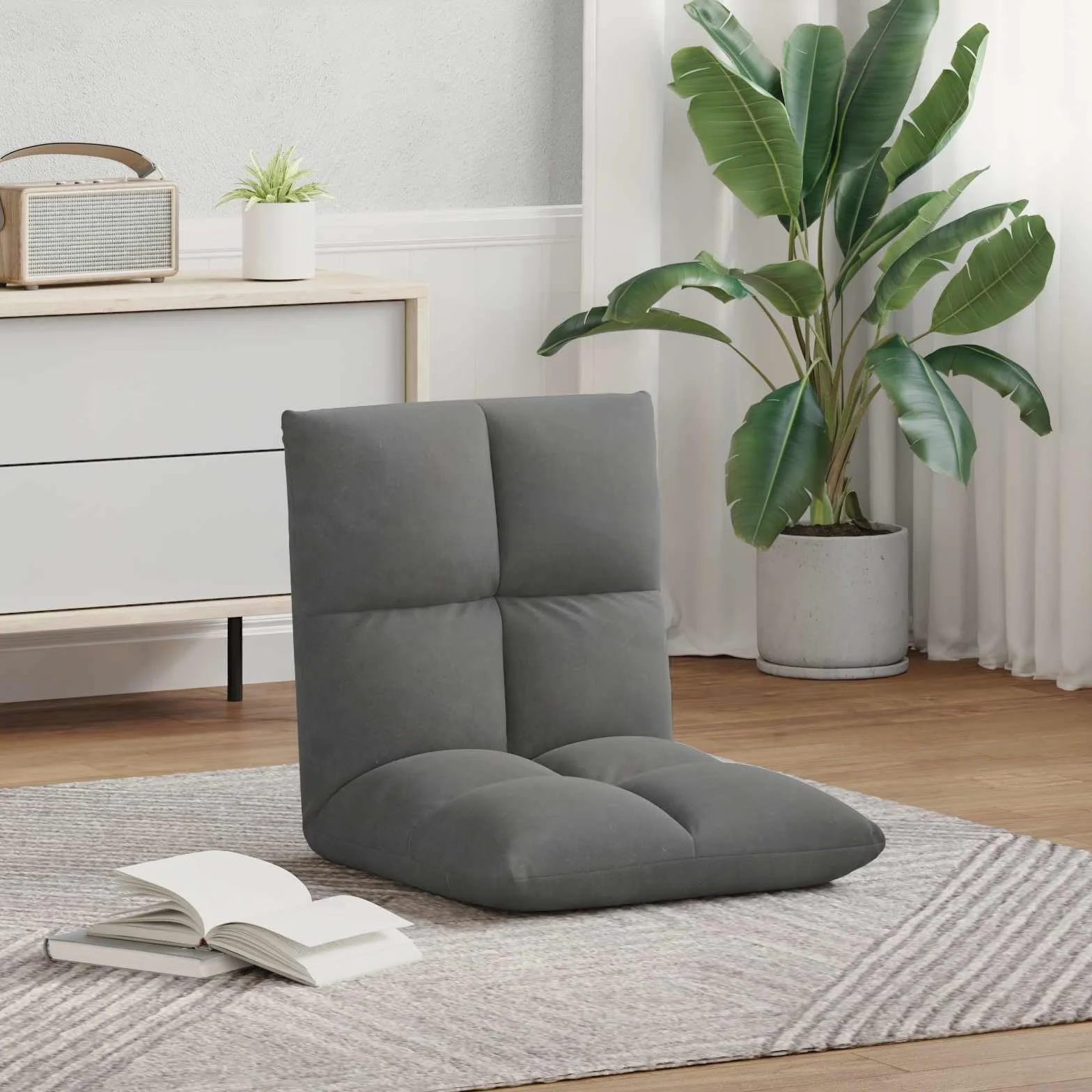 Krzesło podłogowe, ciemnoszare, aksamitne, z regulowanym oparciem, 50 x 61 x 57 cm, składane, wyściełane, ergonomiczne, do jogi, medytacji, gier, biura i czytania