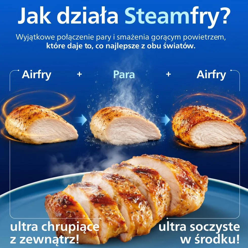 Philips Ovi z parą - Steamfry, Gotowanie na parze i Airfry - 21 sposobów gotowania; Pojemność 7,2 l, Technologia RapidAir, Okienko, Powłoka ceramiczna, Automat. czyszczenie parą (NA540/00)