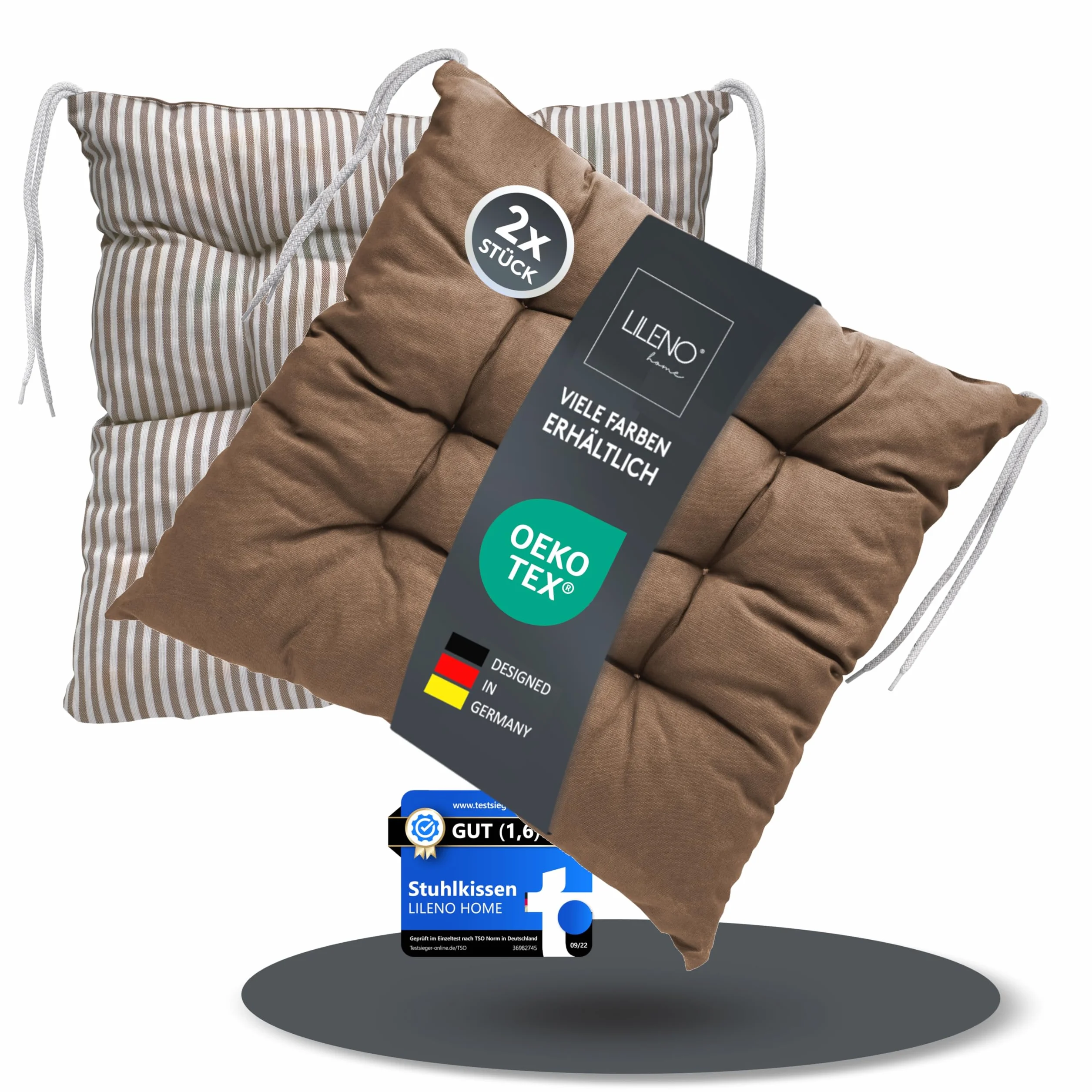 LILENO HOME Zestaw 2 dwustronnych poduszek na krzesło, brązowe (40 x 40 x 6 cm) – poduszki na krzesło ogrodowe, do kuchni lub jadalni – do użytku wewnątrz i na zewnątrz jako poduszka na krzesło (Linda