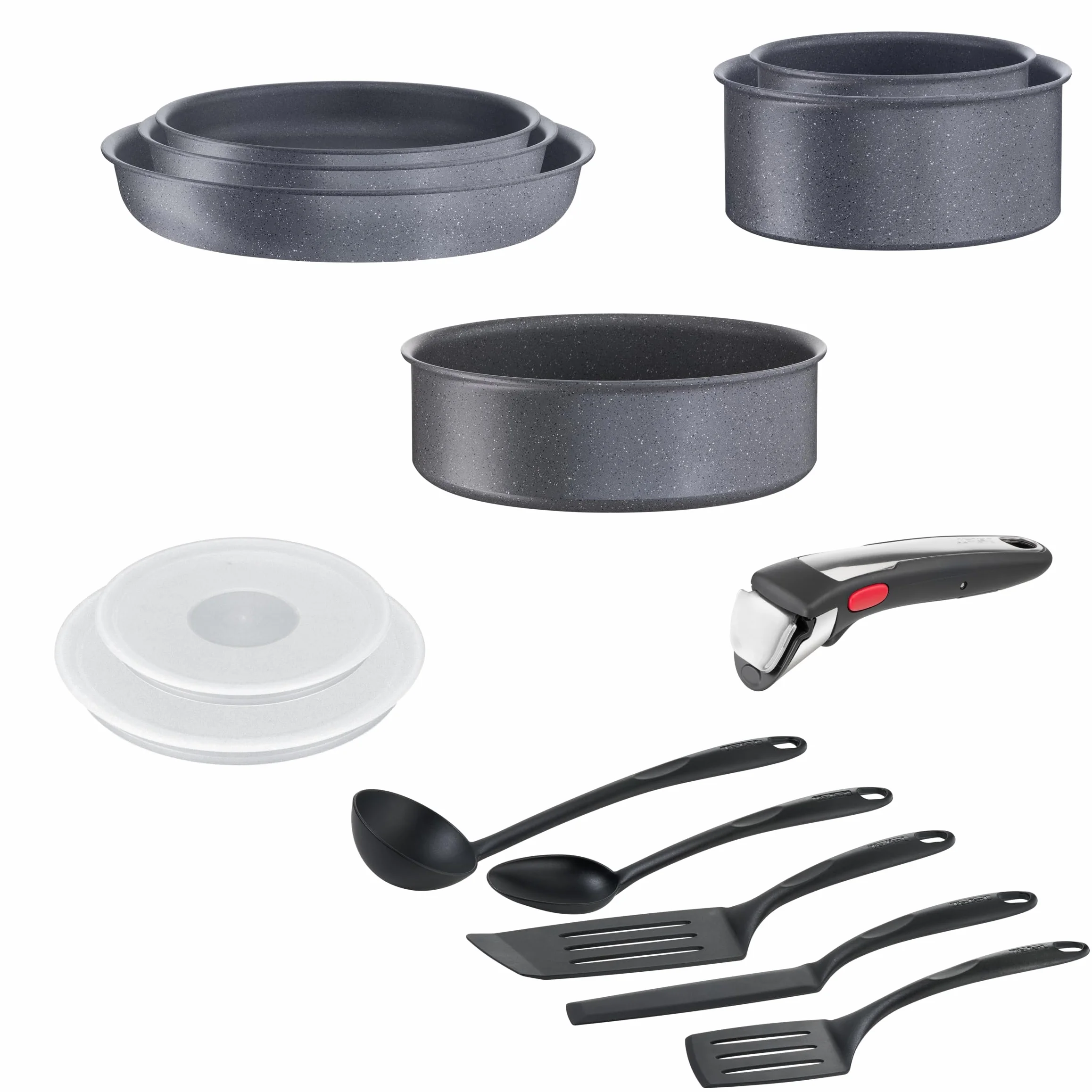 TEFAL L7669902 Zestaw INGENIO Natural On, Patelnie 22/24/28 cm + Garnki 16/20 cm + Saute 24 cm + Pokrywki 16/20 cm + 5 akcesoriów + rączka, powłoka mineralia+, do wszystkich kuchenek, szary