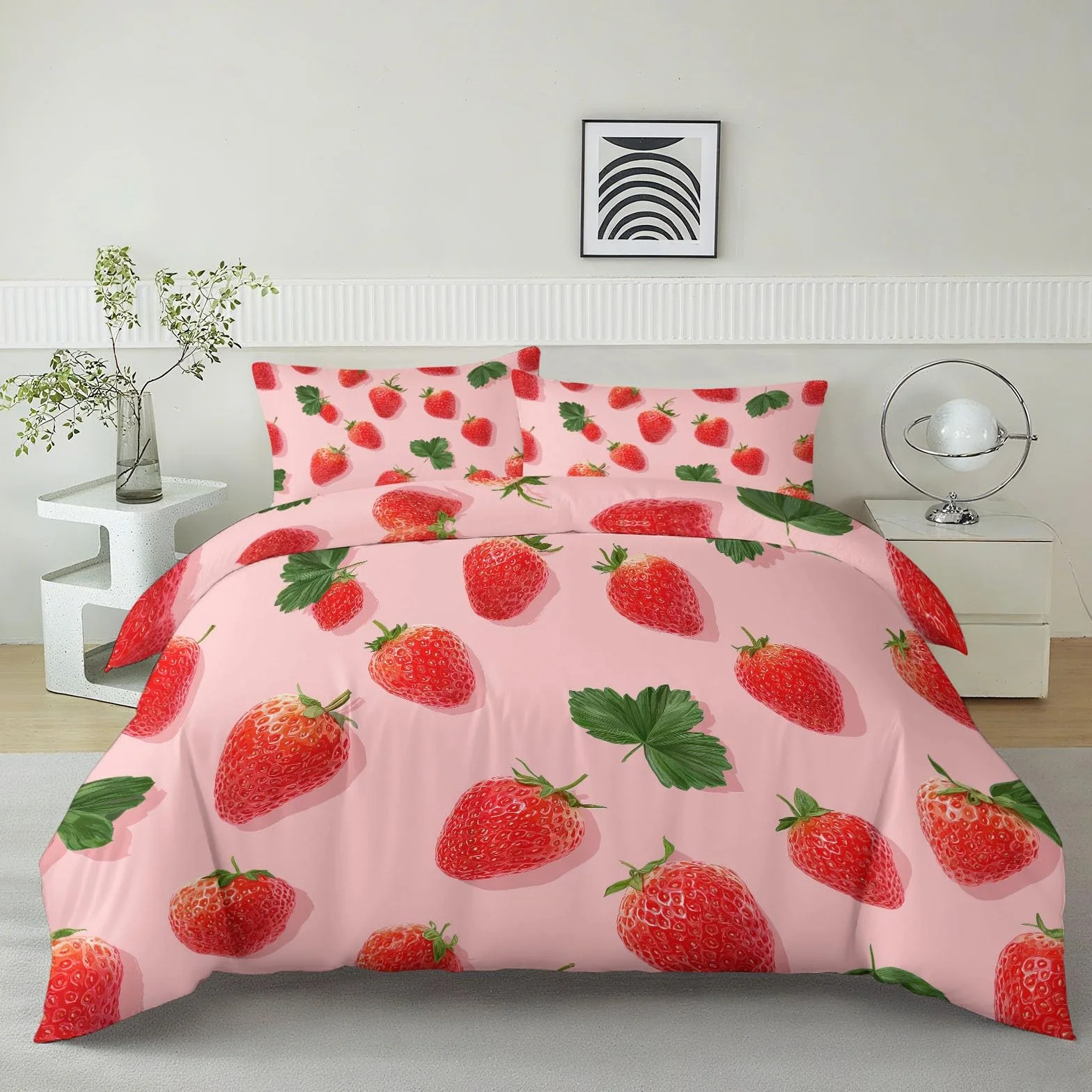 Zestaw dwustronnej pościeli 200 x 200 cm różowy truskawkowy liść, pościel z nadrukiem owocowym - oddychająca miękka poszewka na kołdrę dla dorosłych i dzieci z poszewkami na poduszki