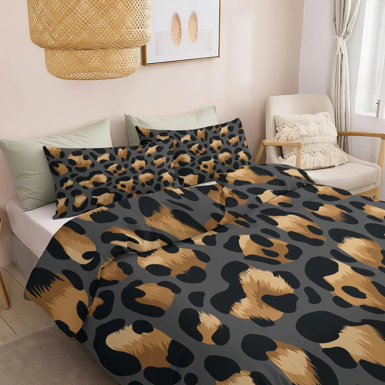 Nowoczesny, minimalistyczny styl, wzór panterki, zestaw pościeli – 240 x 220 cm, szara poszewka na kołdrę z mikrofibry, dla alergików, dwustronna pościel z ukrytym zamkiem błyskawicznym
