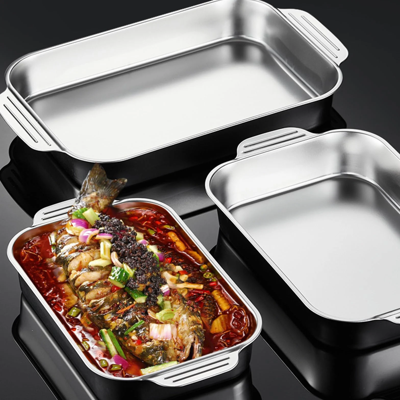 Prostokątna blacha do pieczenia ryb ze stali nierdzewnej 3,1, 3,4, 5,8, 7,4, 10 l, głęboka patelnia do lasagne z uchwytami, taca na ciasteczka, serwis do gotowania, obiadu, bankietu i codziennego