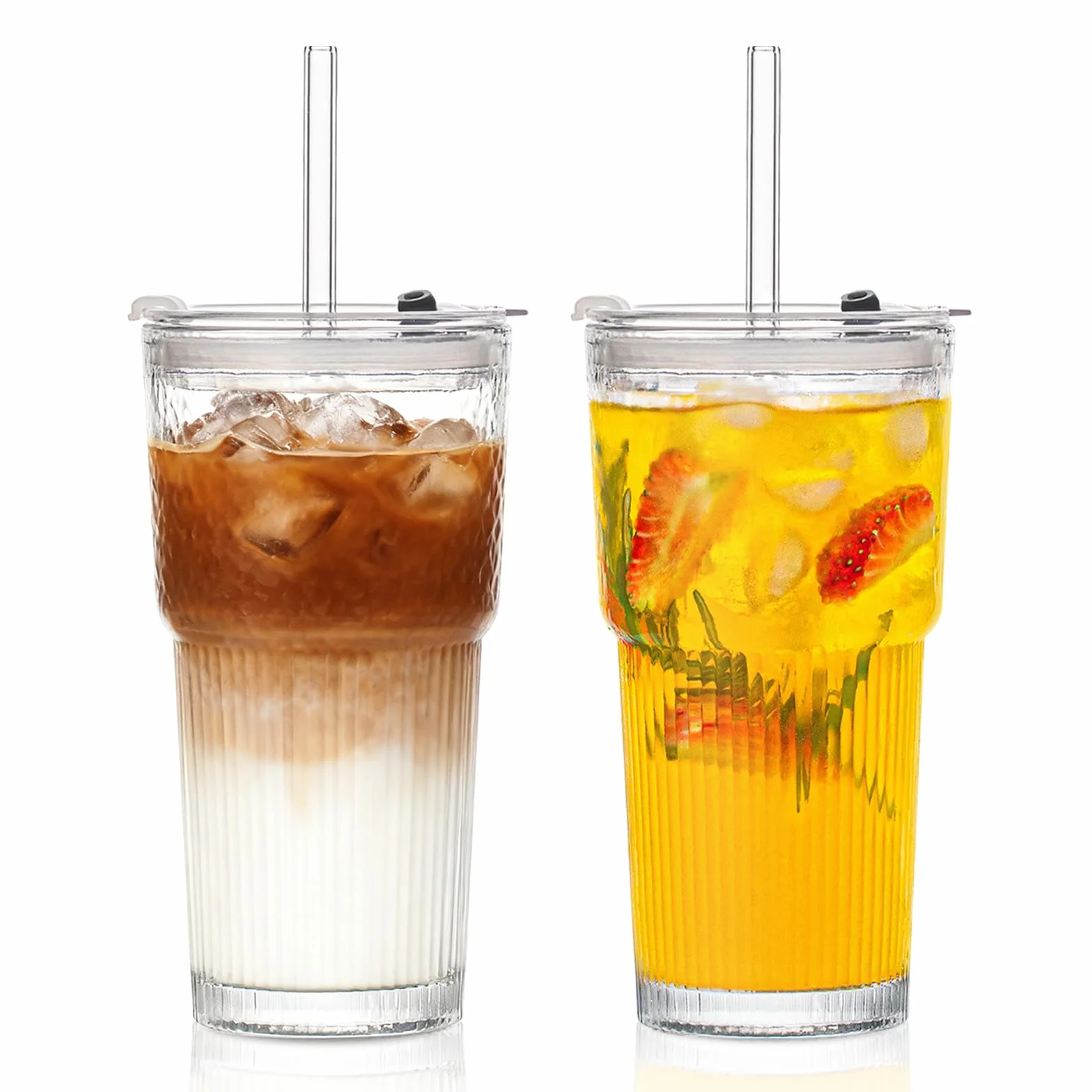 INSETLAN Szklany kubek ze słomką i pokrywką, 2 sztuki, stylowe prążkowane szklanki do kawy mrożonej, matcha, smoothie, soku, zimnych napojów, 530 ml