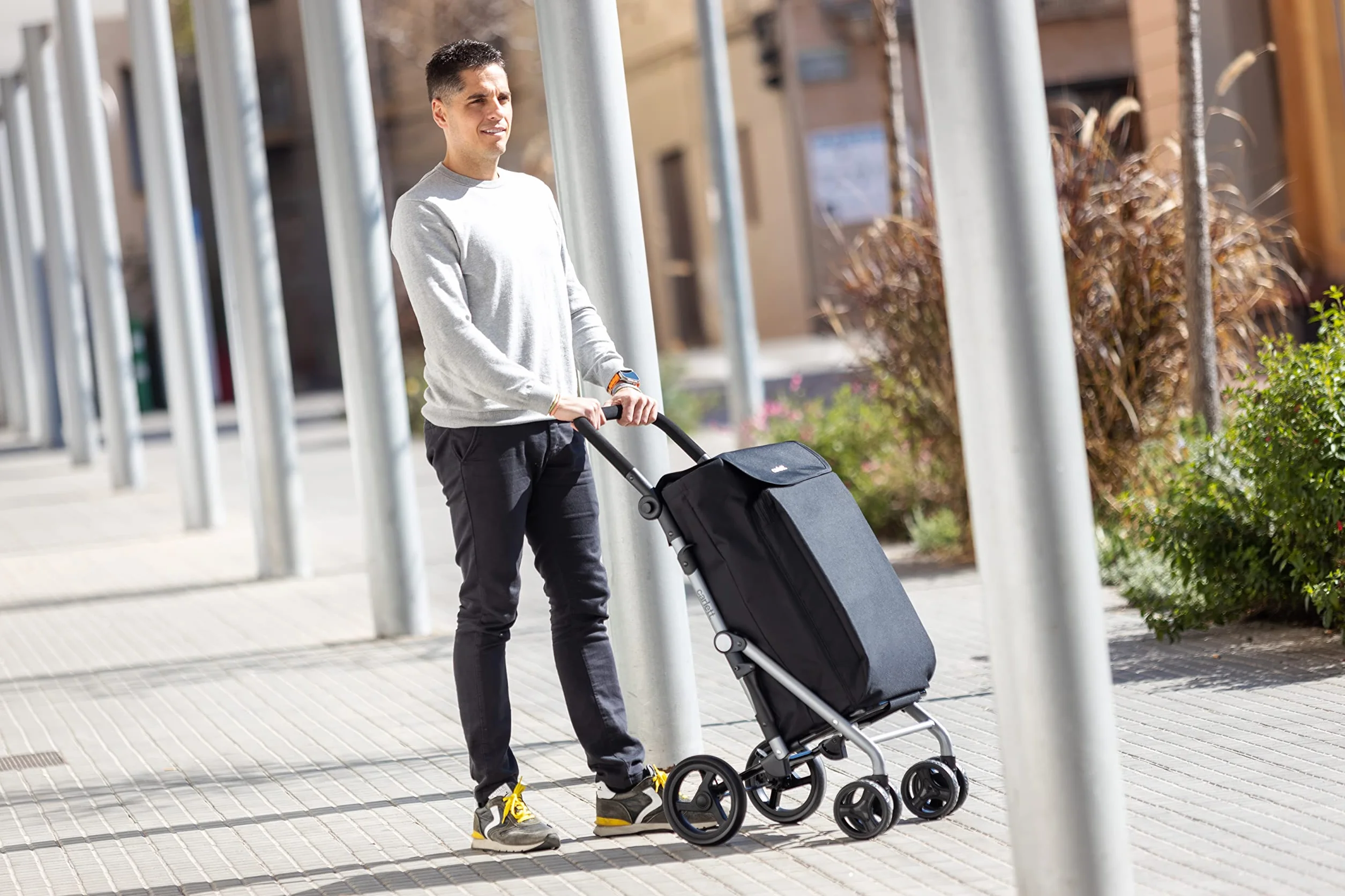 Carlett - Wózek na zakupy, składany wózek do supermarketu, z 4 kołami i dużą pojemnością 32 kg, główną torbą 58 l, torbą termiczną 12 l i wodoodporną tkaniną - kolor czarny