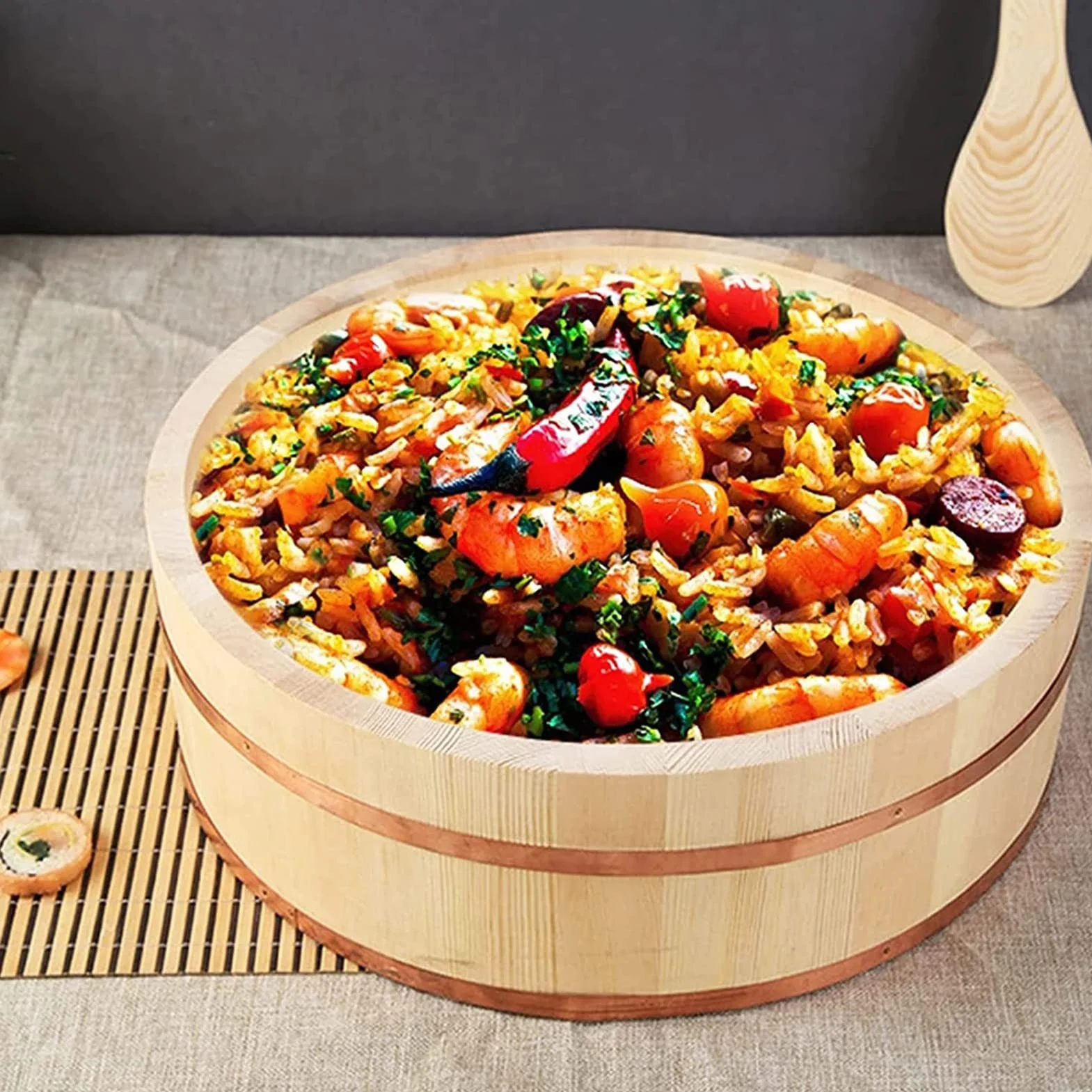 Drewniana wanna do mieszania ryżu Hangiri Oke, zestaw do robienia sushi z wałkiem do ryżu, japońska miska do sushi, 48 cm