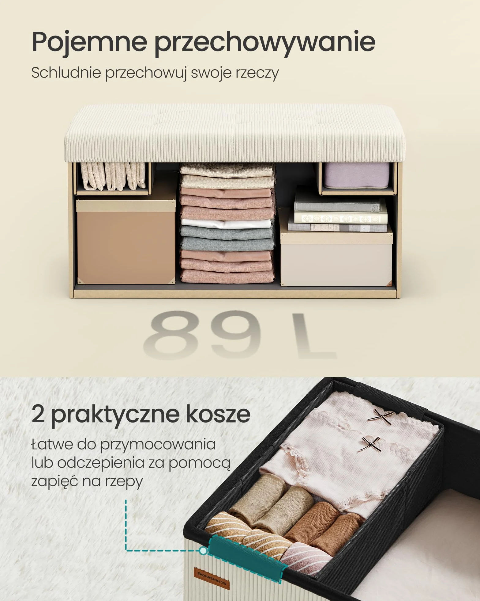 SONGMICS Podnóżek ze schowkiem, składana ławka, 38 x 76 x 38 cm, podnóżek, sofa rozkładana, pojemnik na rzeczy, ładowność do 300 kg, salon, sypialnia, korytarz, kremowo-biały LSF603W01