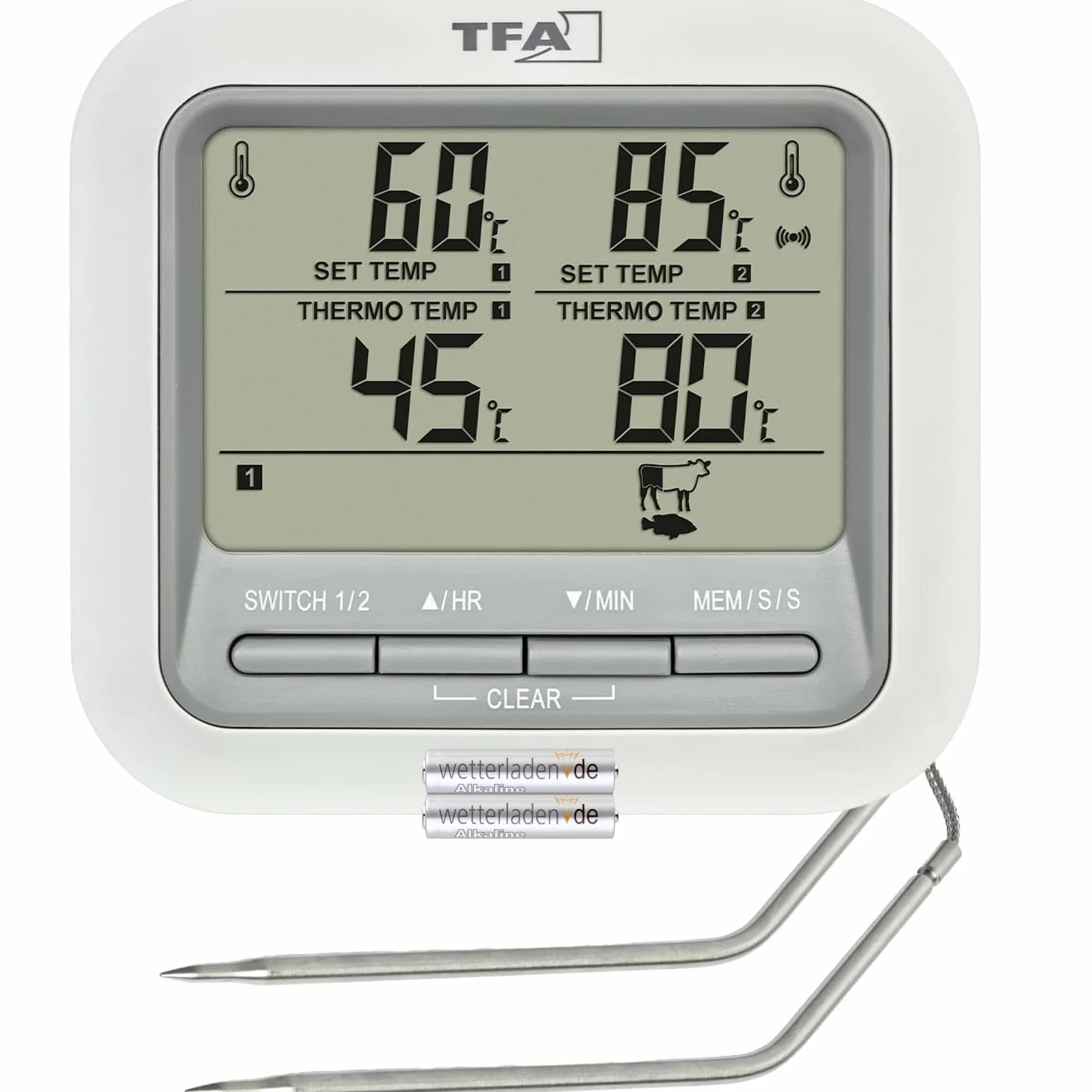 TFA Dostmann Cyfrowy termometr do grilla i pieczenia, 14.1516, z 2 sondami ze stali nierdzewnej, termometr do mięsa do piekarnika+grilla, do 300°C, z funkcją alarmową, wołowina/wieprzowina/kurczak