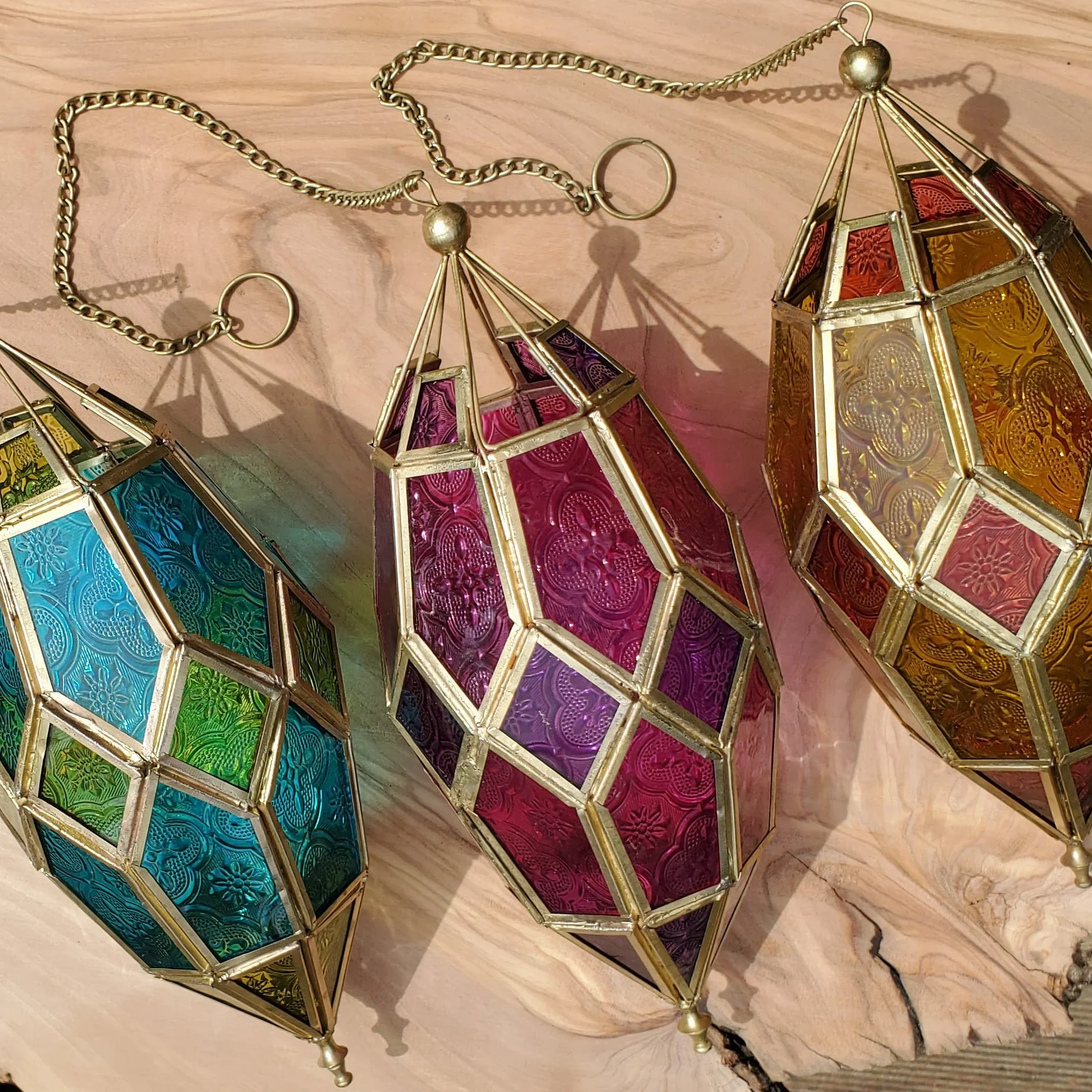 Wisząca szklana latarnia tealight w stylu marokańskim (duża zielona/niebieska)