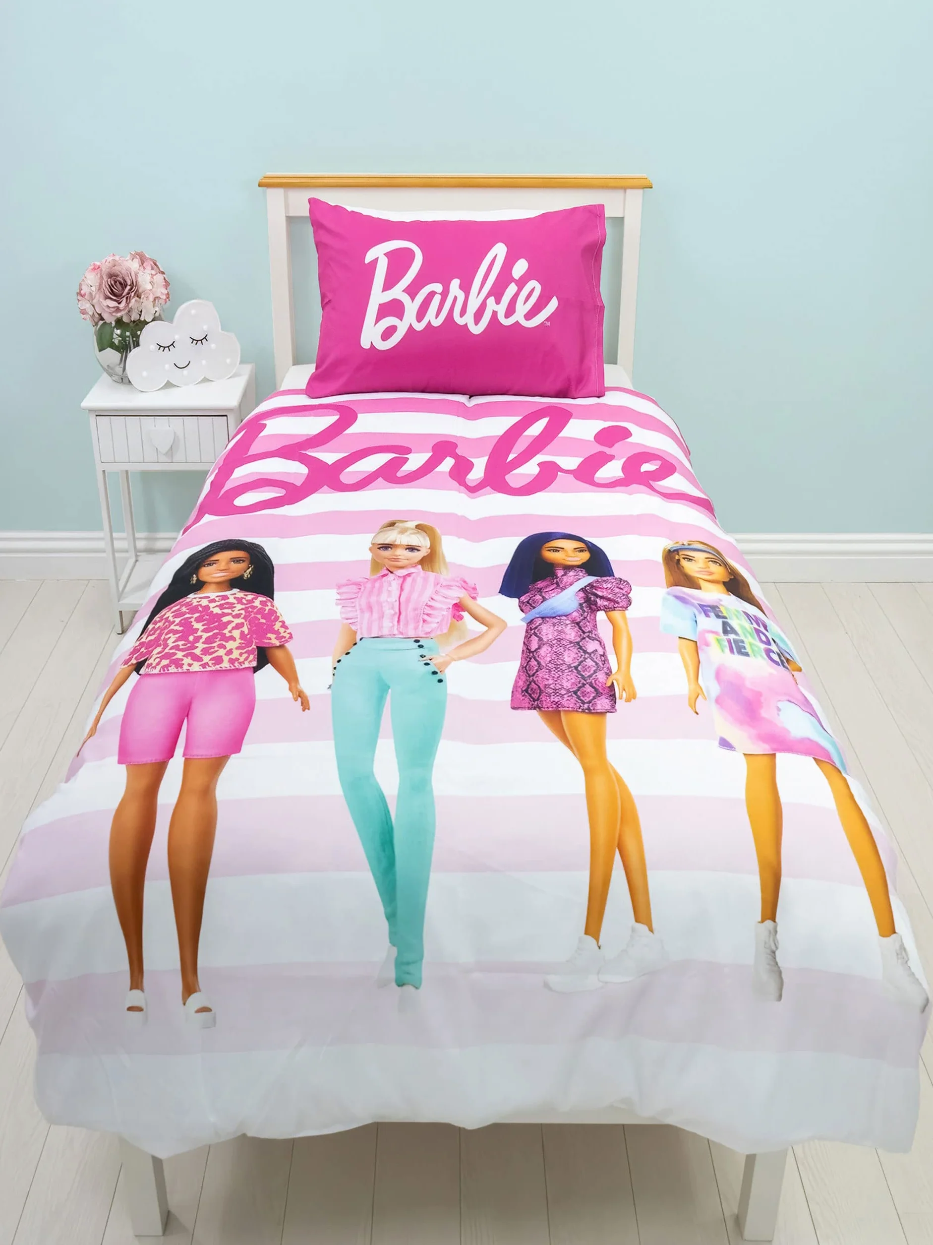 Zestaw poszewek Barbie | Dwustronna pościel dla dzieci | Różowa pojedyncza poszewka na kołdrę z pasującą poszewką na poduszkę