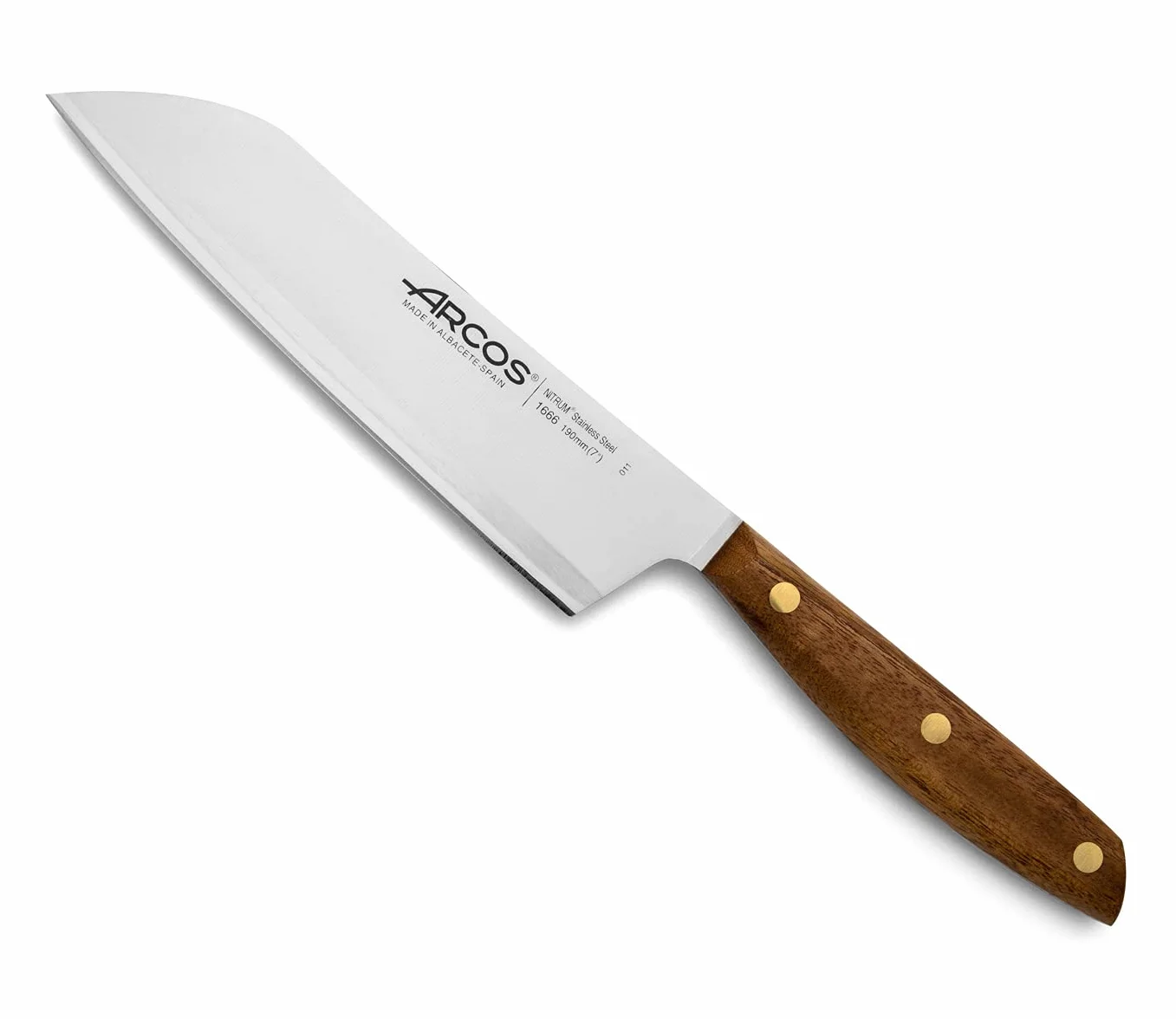 ARCOS Noże Santoku i ze stali. Japoński nóż kuchenny do ryb, mięsa i warzyw. Uchwyt z drewna Ovengkol 100% naturalnego FSC i ostrze 190mm. Seria Nordika. Kolor brązowy.