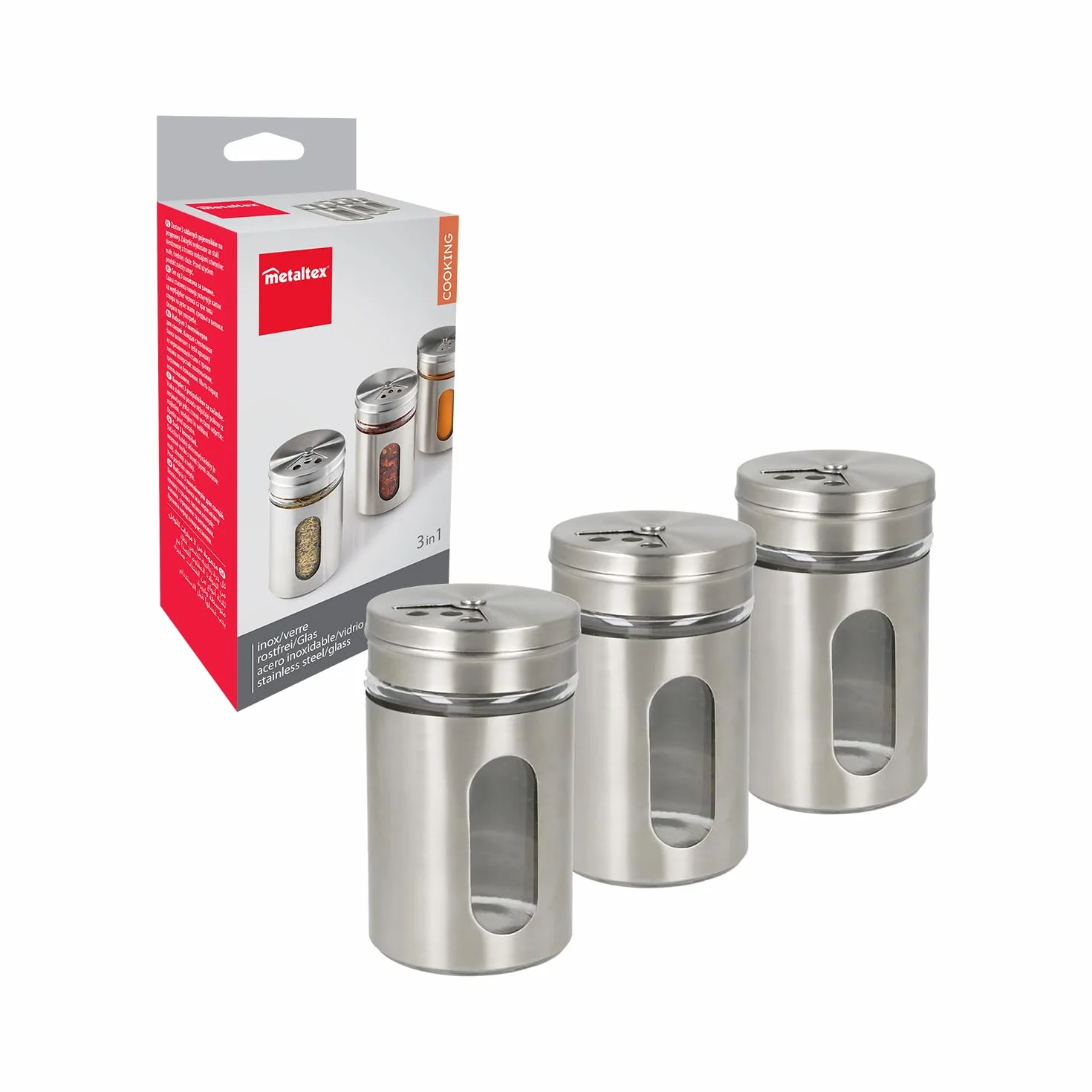 Metaltex Słoiki na przyprawy, zestaw 3 sztuk, 100 ml, stal nierdzewna, szkło