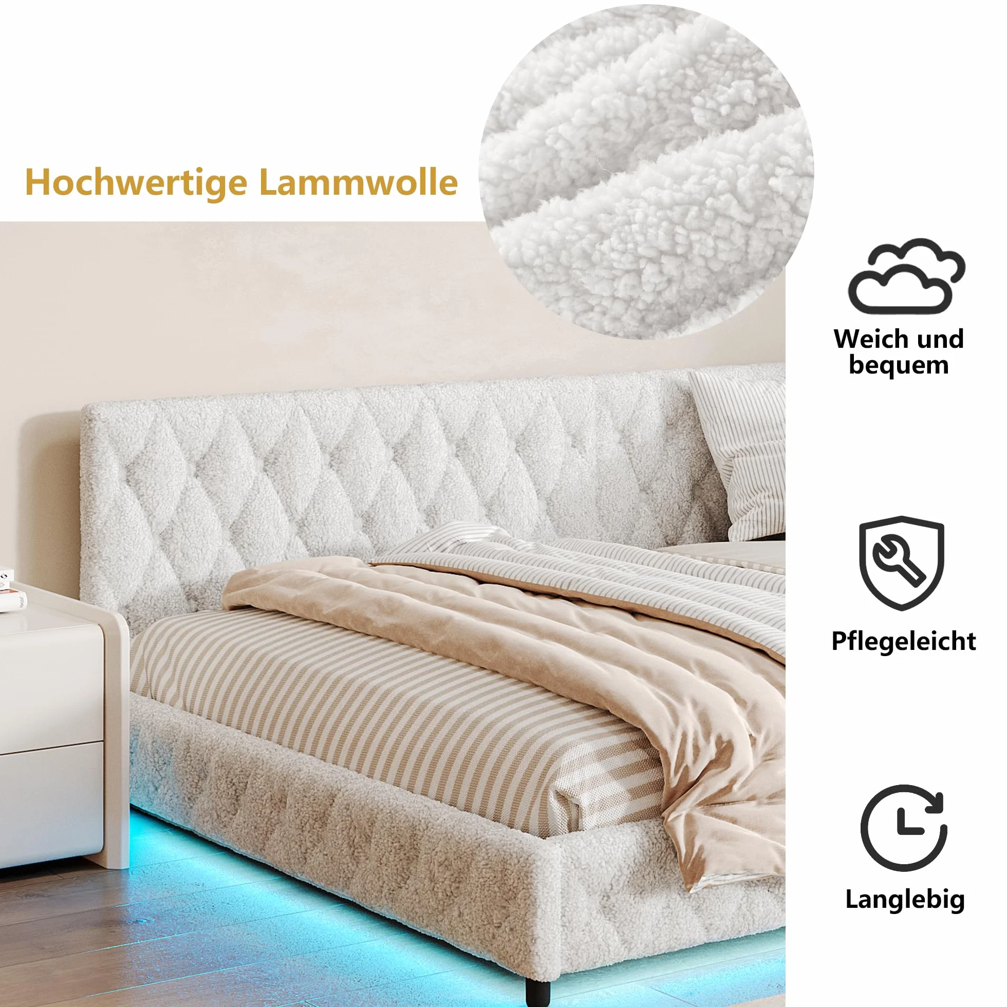 BRILVERDE Łóżko tapicerowane 140 x 200 cm, z diodami LED i USB, łóżko dziecięce, sofa ze stelażem, łóżko podwójne, dla dzieci i młodzieży, wełna jagnięca, bez materaca (białe, 140 x 200 cm)