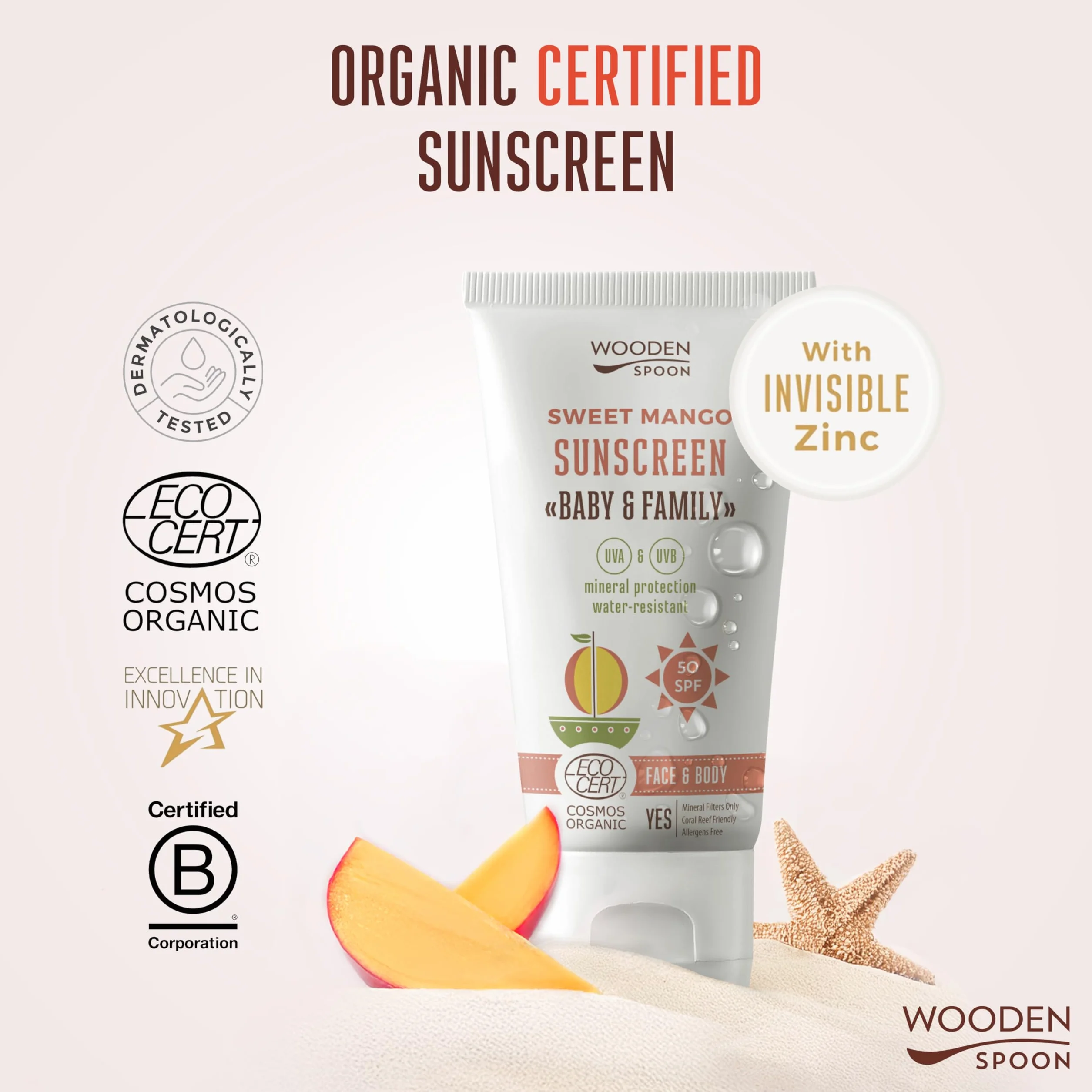 WOODEN SPOON Organiczny krem przeciwsłoneczny "Baby & Familie" SPF 50 UVA i UVB – słodkie mango 150 ml
