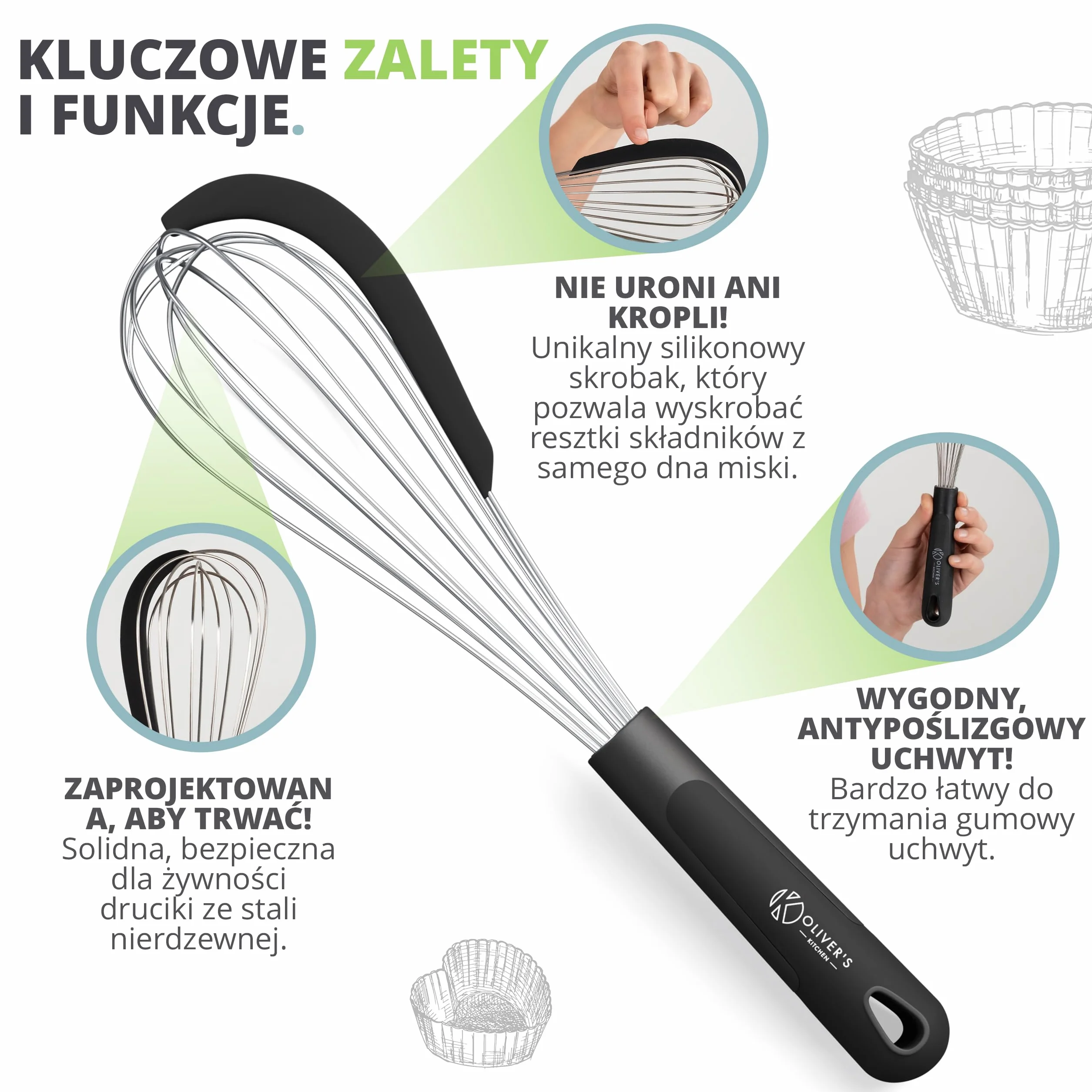 Oliver's Kitchen ® Trzepaczka do Jajek z Silikonowym Skrobakiem – Ubijaczka do Mleka Idealna do Gotowania i Pieczenia w Domu – Trzepaczka Kuchenna do Ubijania Piany, Masła, Białek – Wygodna Rączka