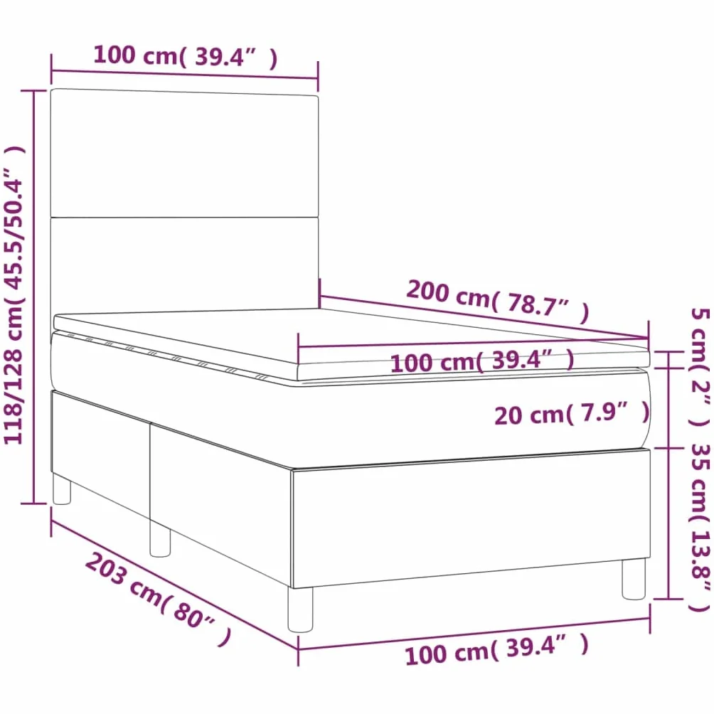 Tkanina z regulowanym zagłówkiem z diodami LED 100x200cm Szary | Łóżko kontynentalne z materacem LED ciemnoszara tkanina 100x200cm regulowany zagłówek sprężyny kieszeniowe