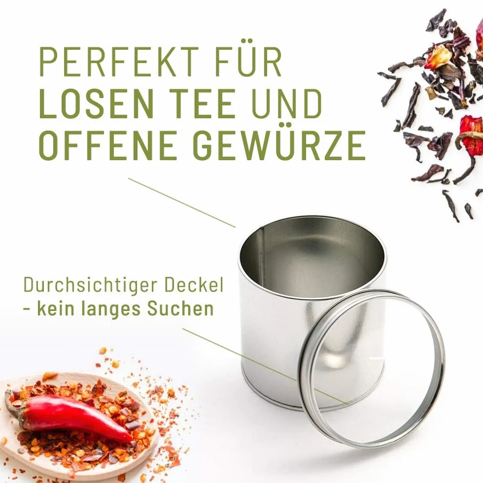 TEEVERLIEBT 6 Zestaw do przygotowywania Herbaty i Spice Silver | Praktyczne przechowywanie do herbaty i przypraw - z pokrywką | Pojemnik do herbaty przez ok. 100 g luźnej herbaty | 6 sztuk