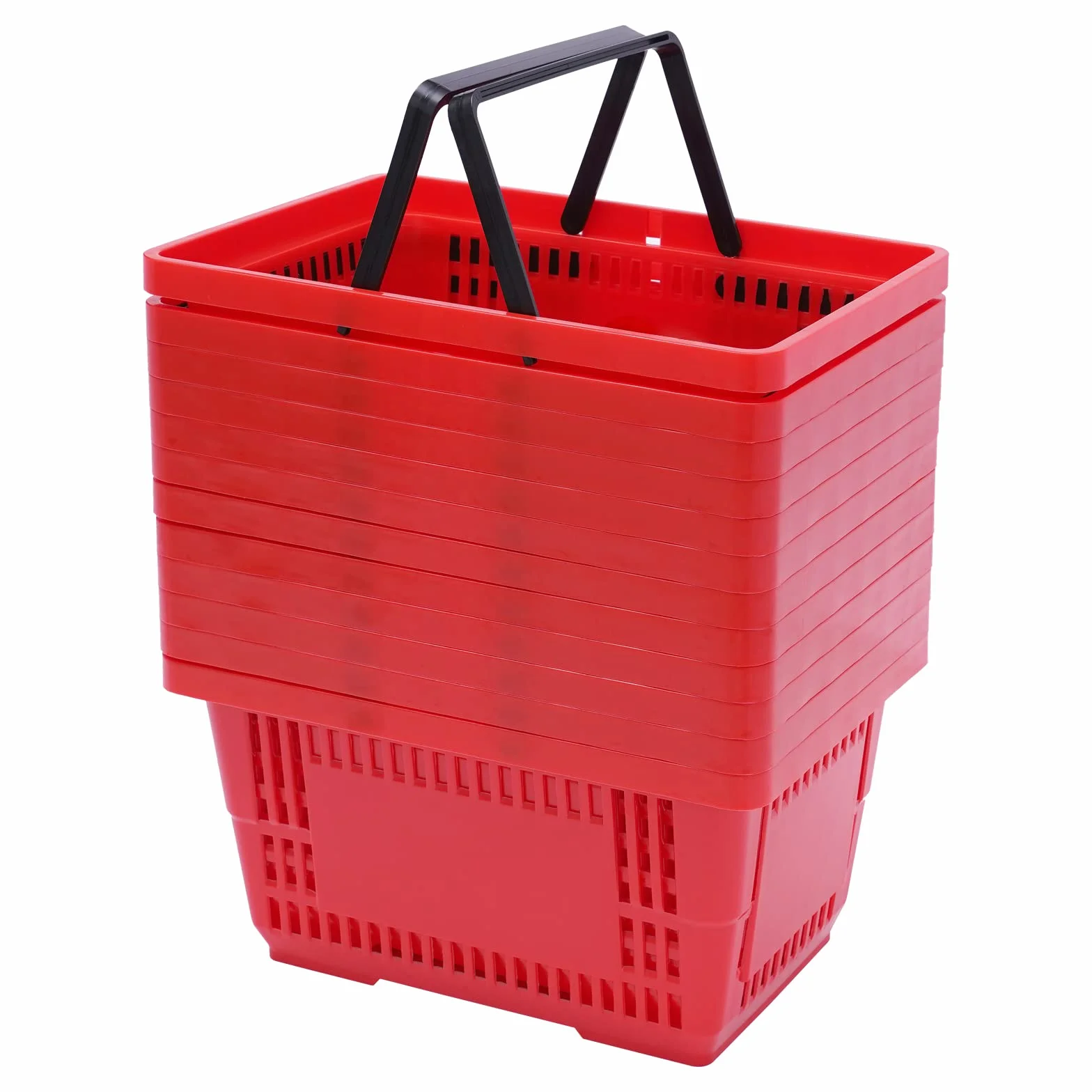 Plastikowy koszyk na zakupy czerwony z uchwytem do noszenia, zestaw 12 sztuk, 18 l | Koszyk na zakupy z możliwością układania w stos, przenośny kosz z tworzywa sztucznego z uchwytem, do 10 kg, czerwony