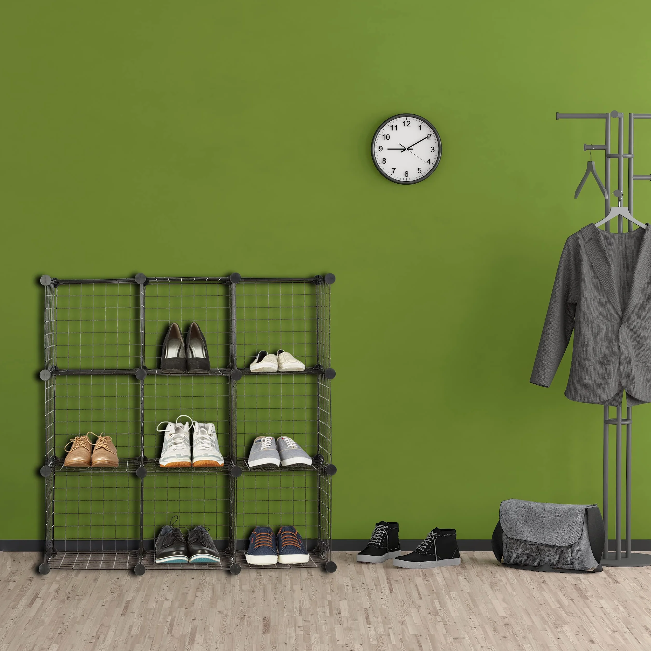 Relaxdays, Czarny regał wtykowy z siatki drucianej, 9 przegródek, system regałów "zrób to sam" metalowy, otwarty regał w kształcie kostki, rozmiar wachlarza 30 x 30 cm