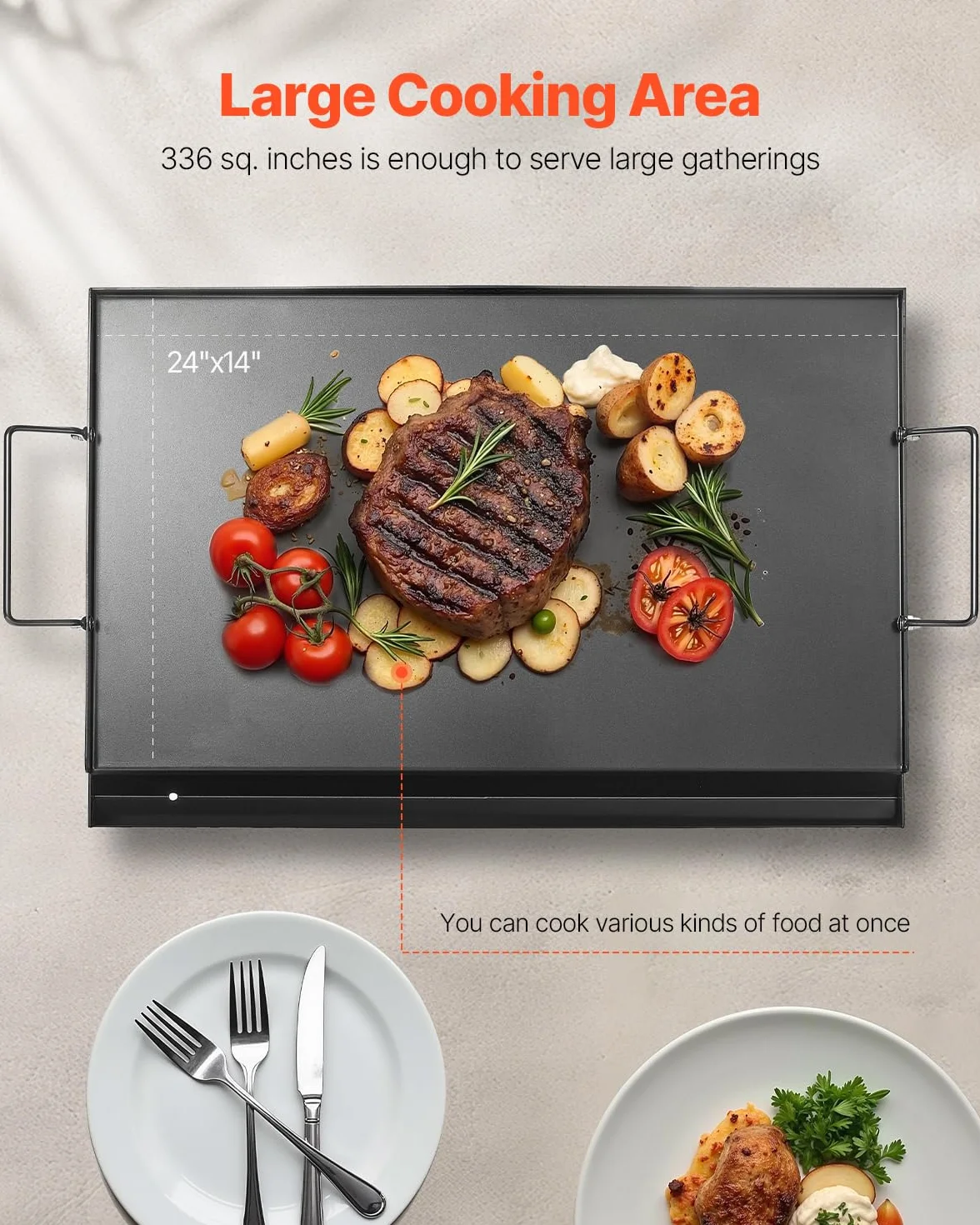 VEVOR Uniwersalny wytrzymały grill ze stali węglowej prostokątny 606 x 360 mm z płaską powierzchnią, żelazko gazowe do grillowania, przenośne rodzinne przybory kuchenne z uchwytem, duża powierzchnia
